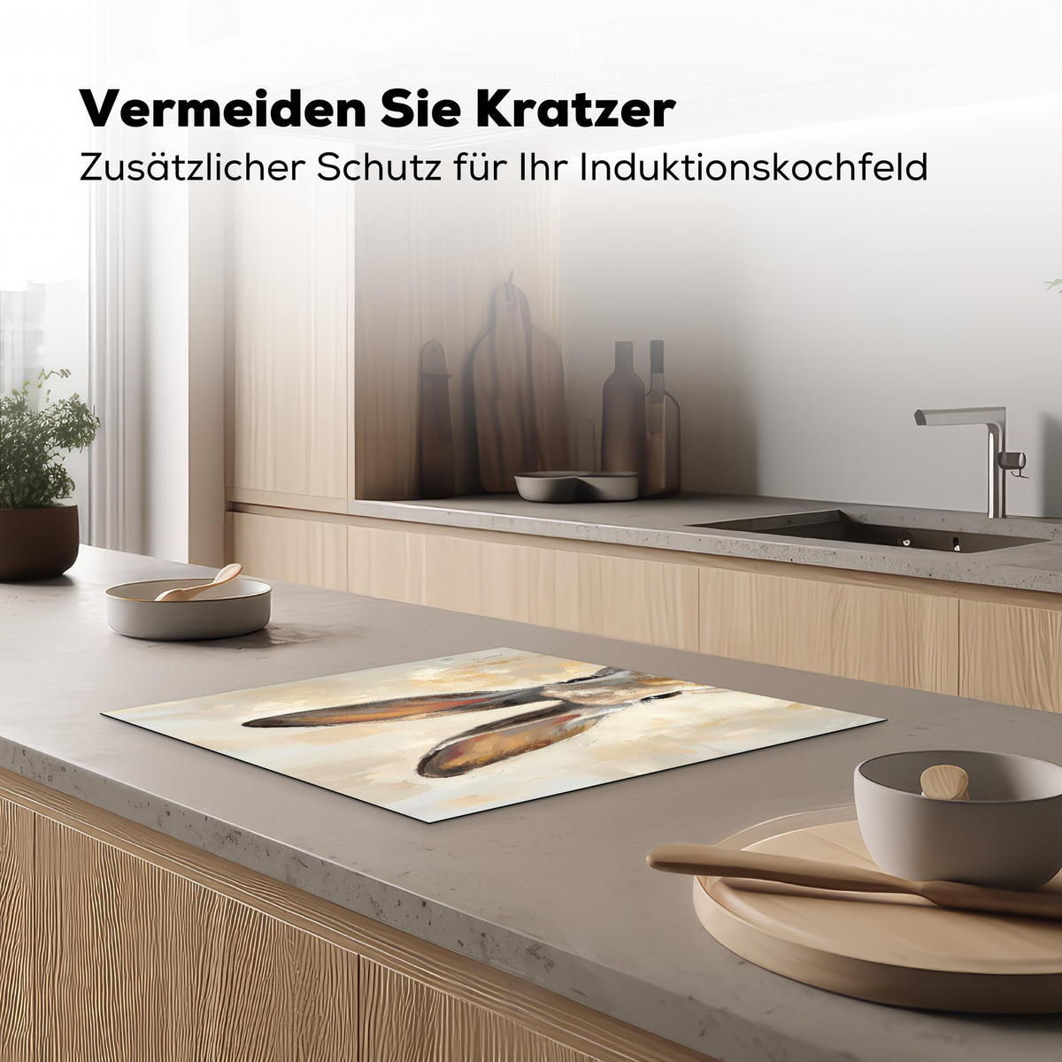 HERDABDECKPLATTE Hase - Ohren - Braun Herdabdeckung Induktionsfeld 60x52 cm - Beige, Kunststoff (60/52/0.2cm) - MuchoWow