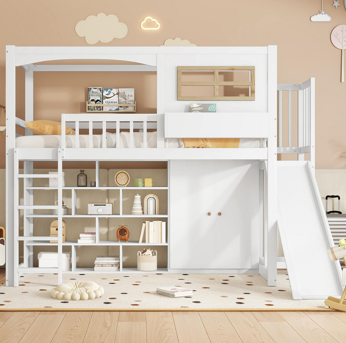 ETAGENBETT 90/200 cm, Weiß mit Rutsche, Kleiderschrank, ohne Matratze - Weiß, Holz (90/200cm) - MIVRAY