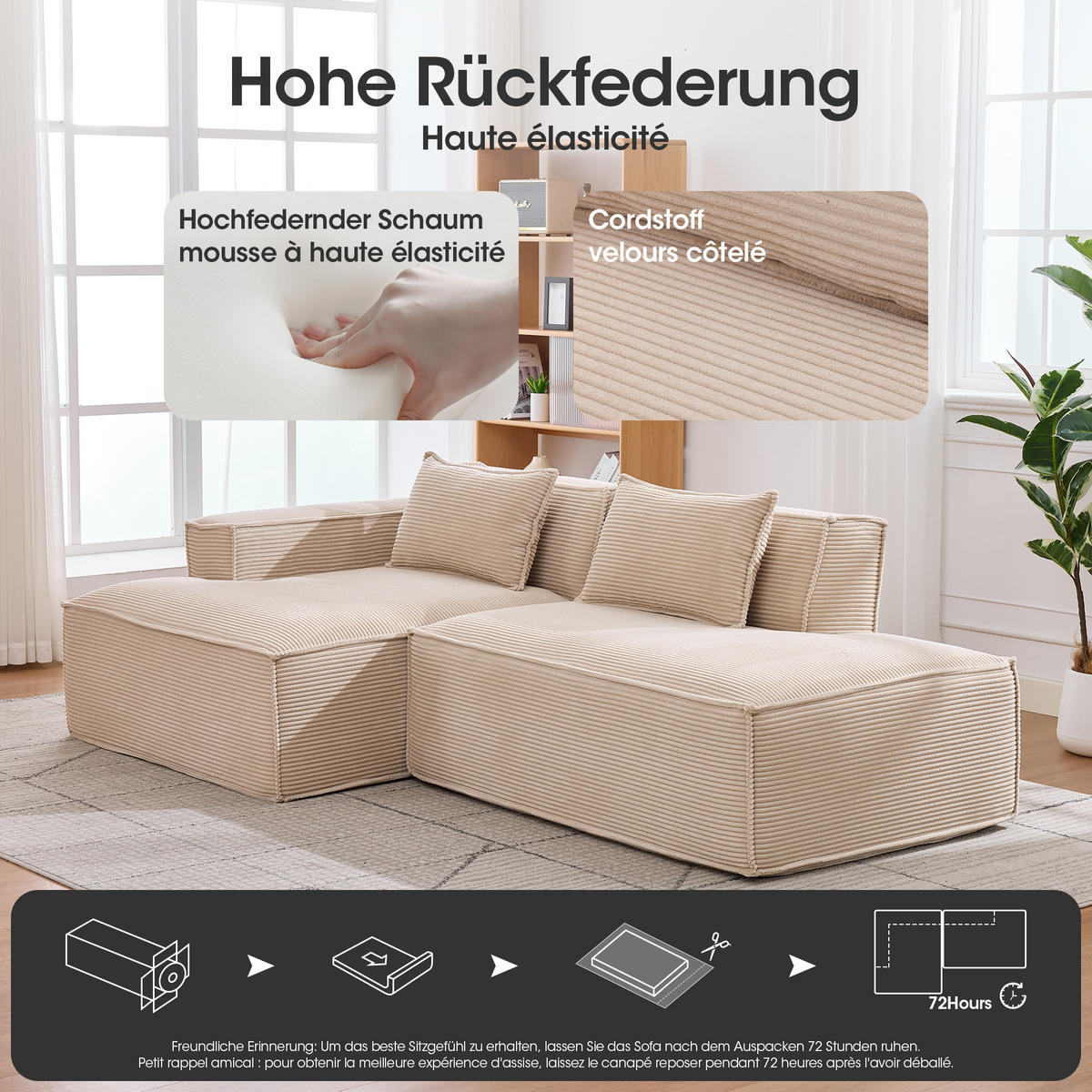 ECKSOFA polyester L-form mit taschenfederkern & 2 kissen - Hellgelb, Textil (235/129cm) - Urban Meuble