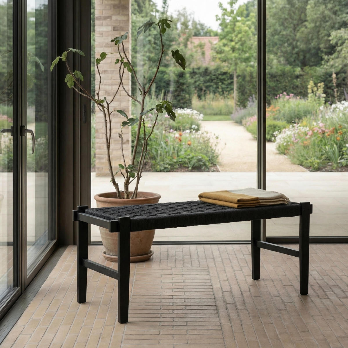 SITZBANK 110/38/47 cm Rattan / Eiche Schwarz - Schwarz, Holz/Papier (110/47/38cm) - Furnhouse