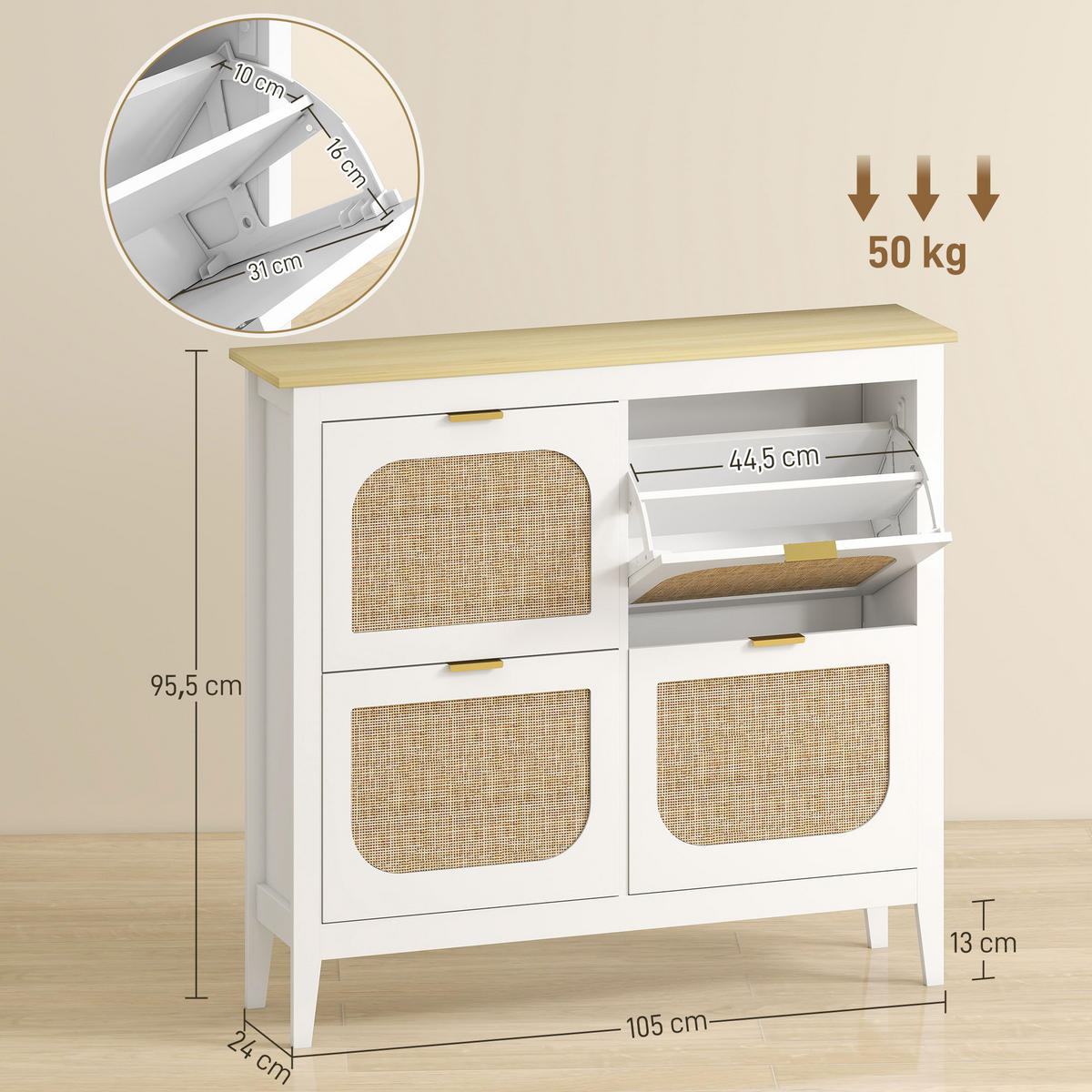 SCHUHSCHRANK,SCHMAL 4 Rattantüren für 20 Paar 105x24x95,5cm,weiß - Weiß, Holzwerkstoff (105/95.5/24cm) - Vallsero