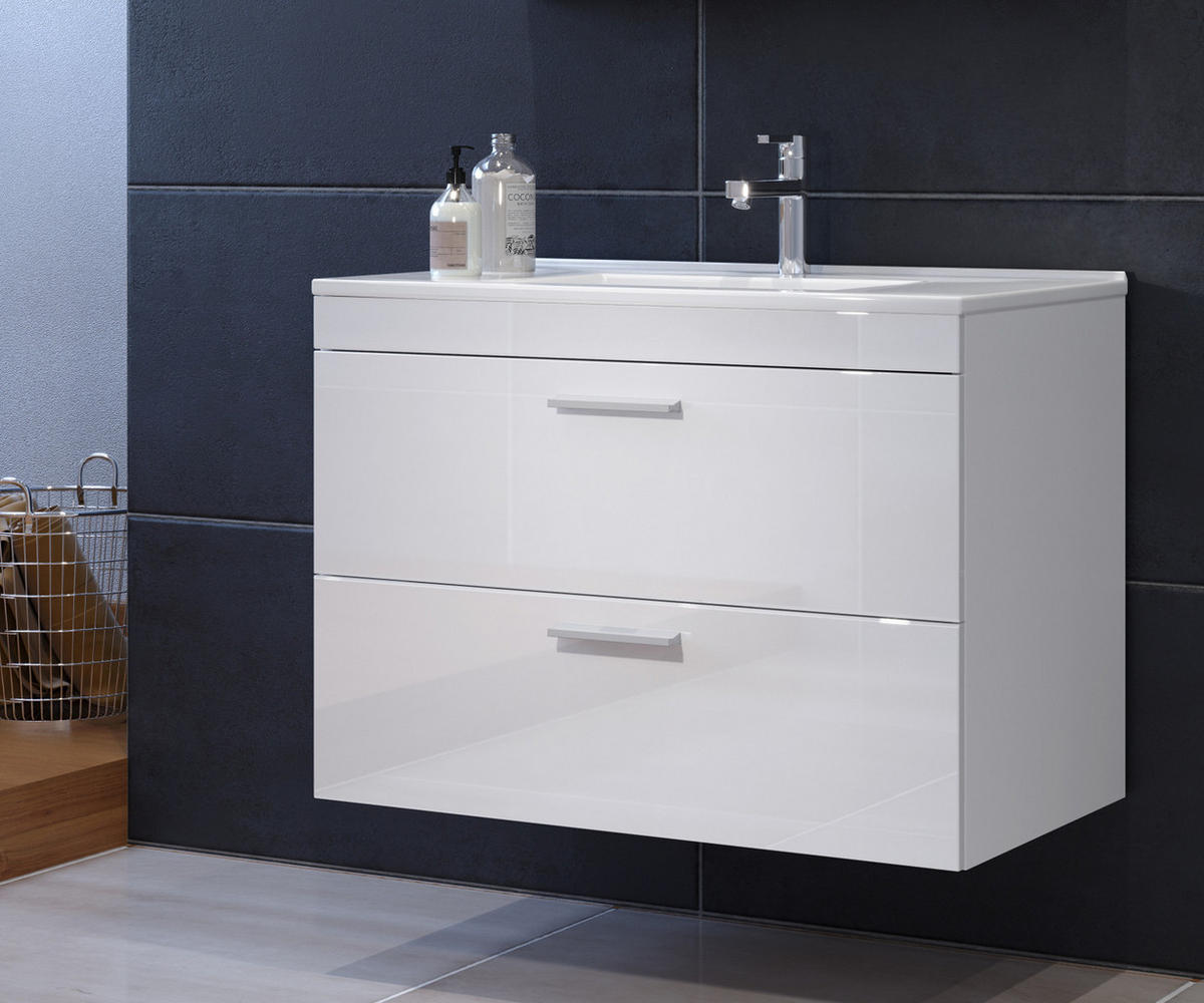 WASCHBECKENUNTERSCHRANK mit Waschbecken weiß Hochglanz, Waschtisch hängend 81 x 59 cm - Weiß Hochglanz/Silberfarben, Holzwerkstoff/Kunststoff (81/59/47cm) - Top.Furn