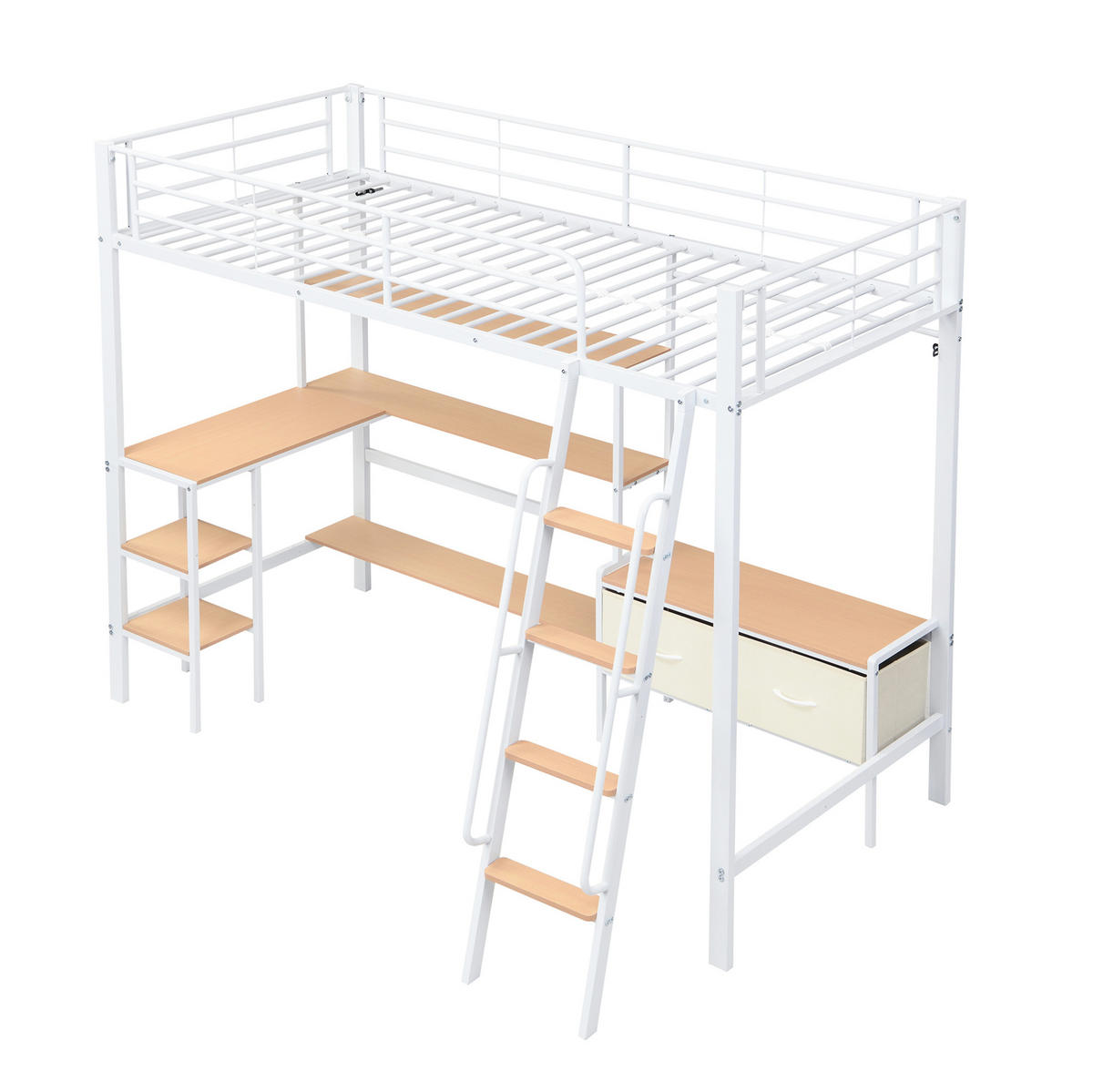 HOCHBETT 90/200 cm Weiß/Natur mit Schreibtisch und Stauraum - Weiß, Metall (90/200cm) - MIVRAY