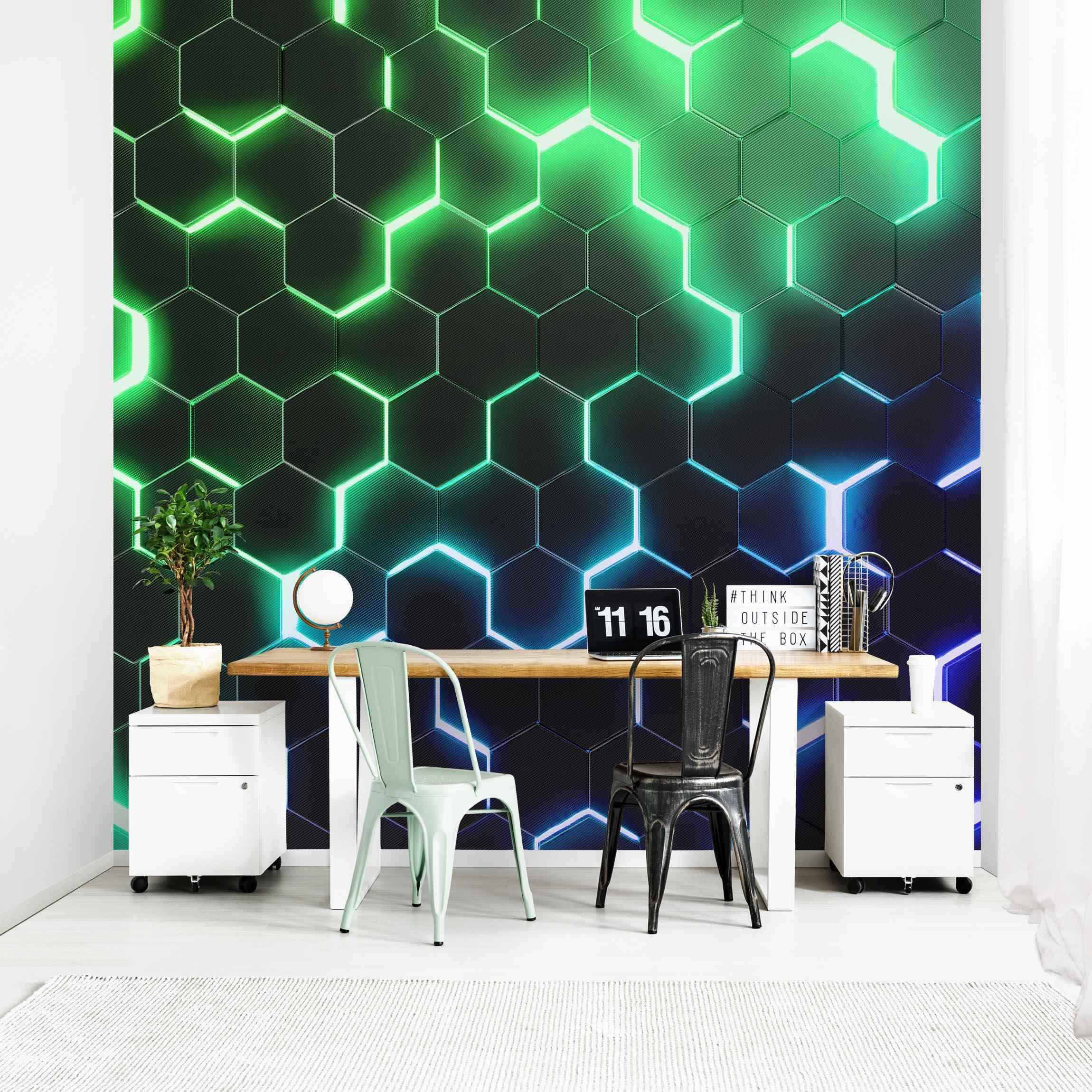 FOTOTAPETE Strukturierte Hexagone mit Neonlicht in Grün und Blau 288/288 cm - Schwarz, Papier (288/288cm) - Bilderwelten