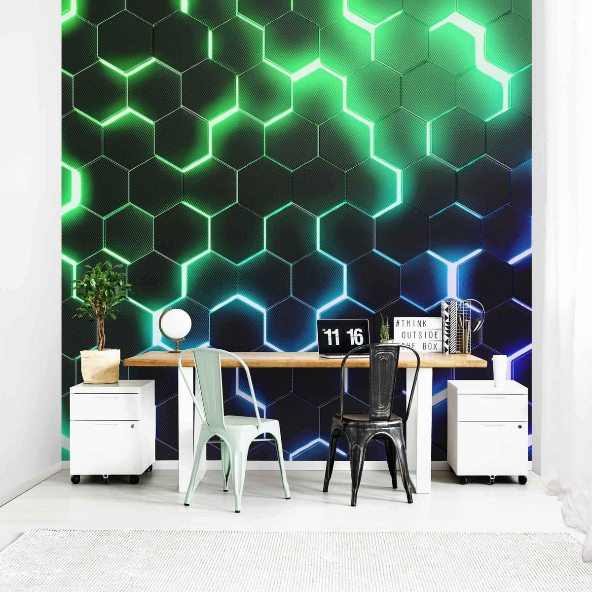 FOTOTAPETE Strukturierte Hexagone mit Neonlicht in Grün und Blau 288/288 cm - Schwarz, Papier (288/288cm) - Bilderwelten