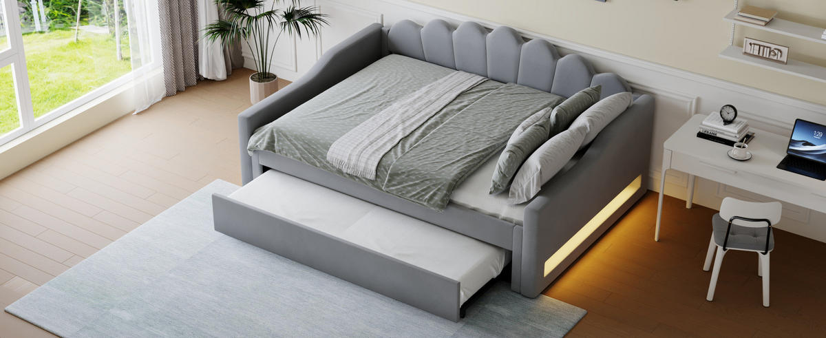 POLSTERBETT 140/200 cm Grau aus MDF mit Ausziehbett - Grau, Holzwerkstoff (140/200cm) - OKMYHOME