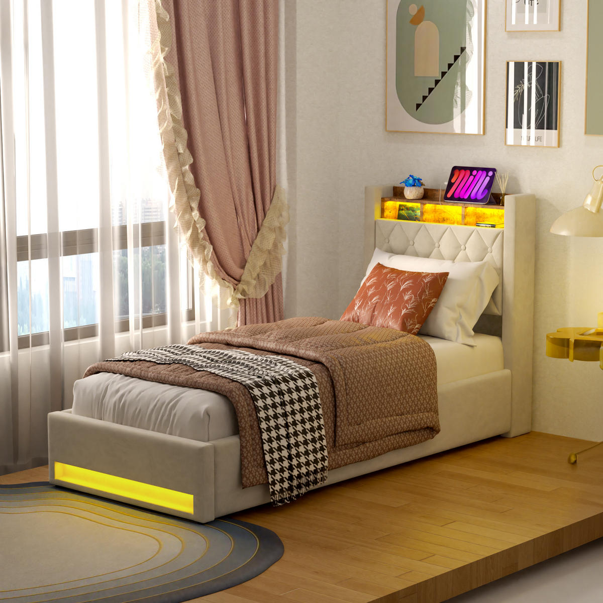 POLSTERBETT 90/190 cm Beige mit LED-Lichtleiste und USB-Anschlüssen - Beige, Holzwerkstoff (90/190cm) - OKWISH