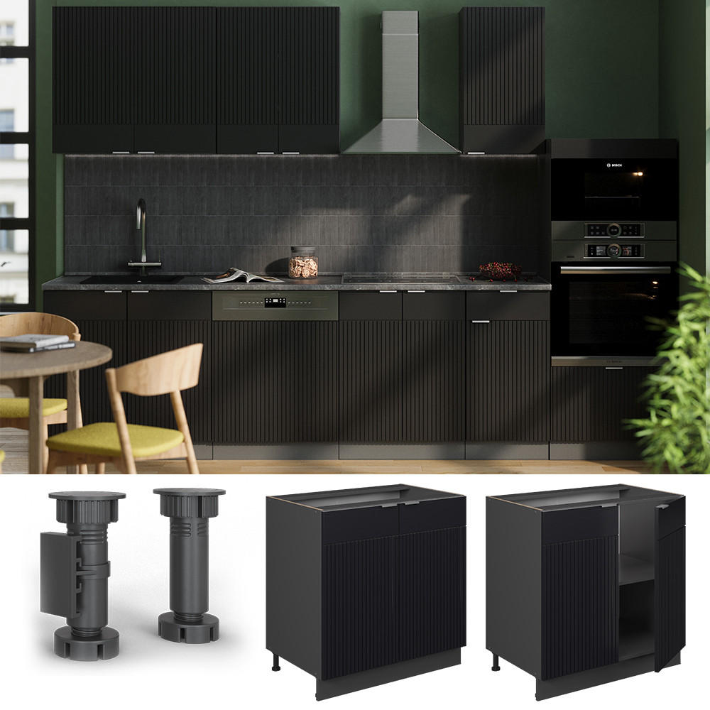 SPÜLENUNTERSCHRANK Fame-Line, Schwarz gestreift, 80 cm mit Regal, AP Marmor - Anthrazit/Schwarz, Holzwerkstoff (80/82/60cm) - Vicco