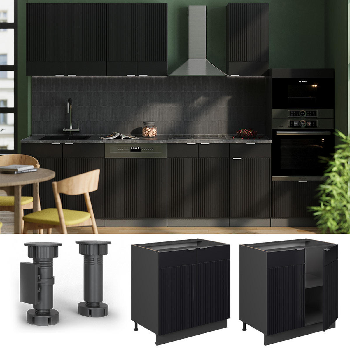 SPÜLENUNTERSCHRANK Fame-Line Schwarz gestreift 80 cm mit Regal, ohne Arbeitsplatte - Anthrazit/Schwarz, Holzwerkstoff (80/82/51.6cm) - Vicco