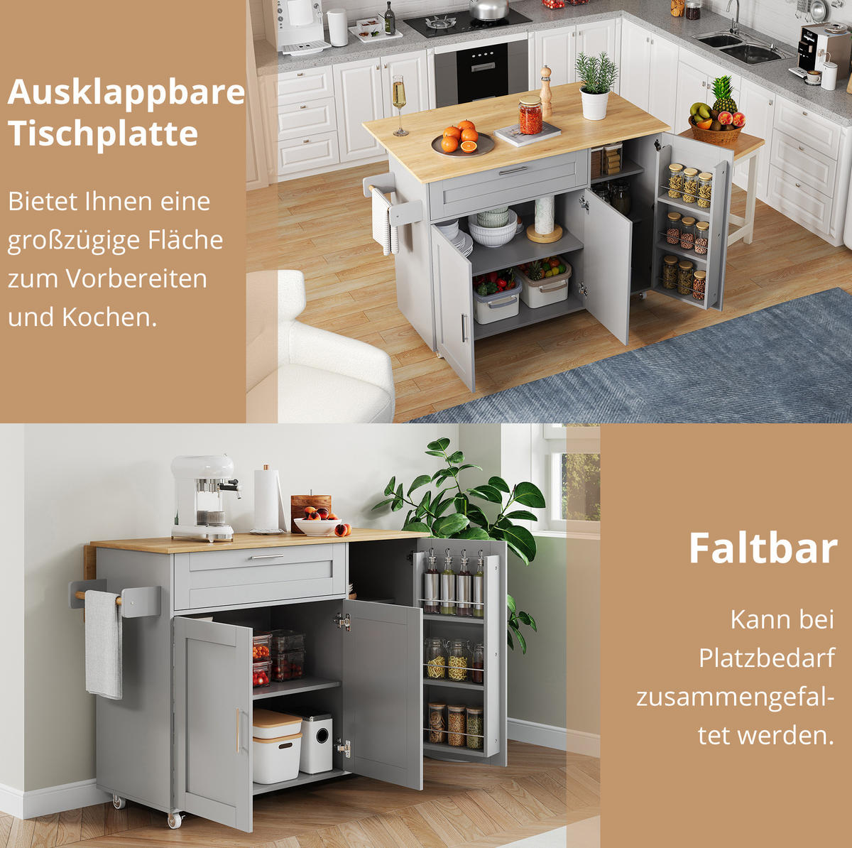 KÜCHENINSEL 132,5/44(70)/90 cm aus MDF mit klappbarer Arbeitsplatte Grau (Eichenoptik) - Grau, Holzwerkstoff (132.5/90/70cm) - Modenvie