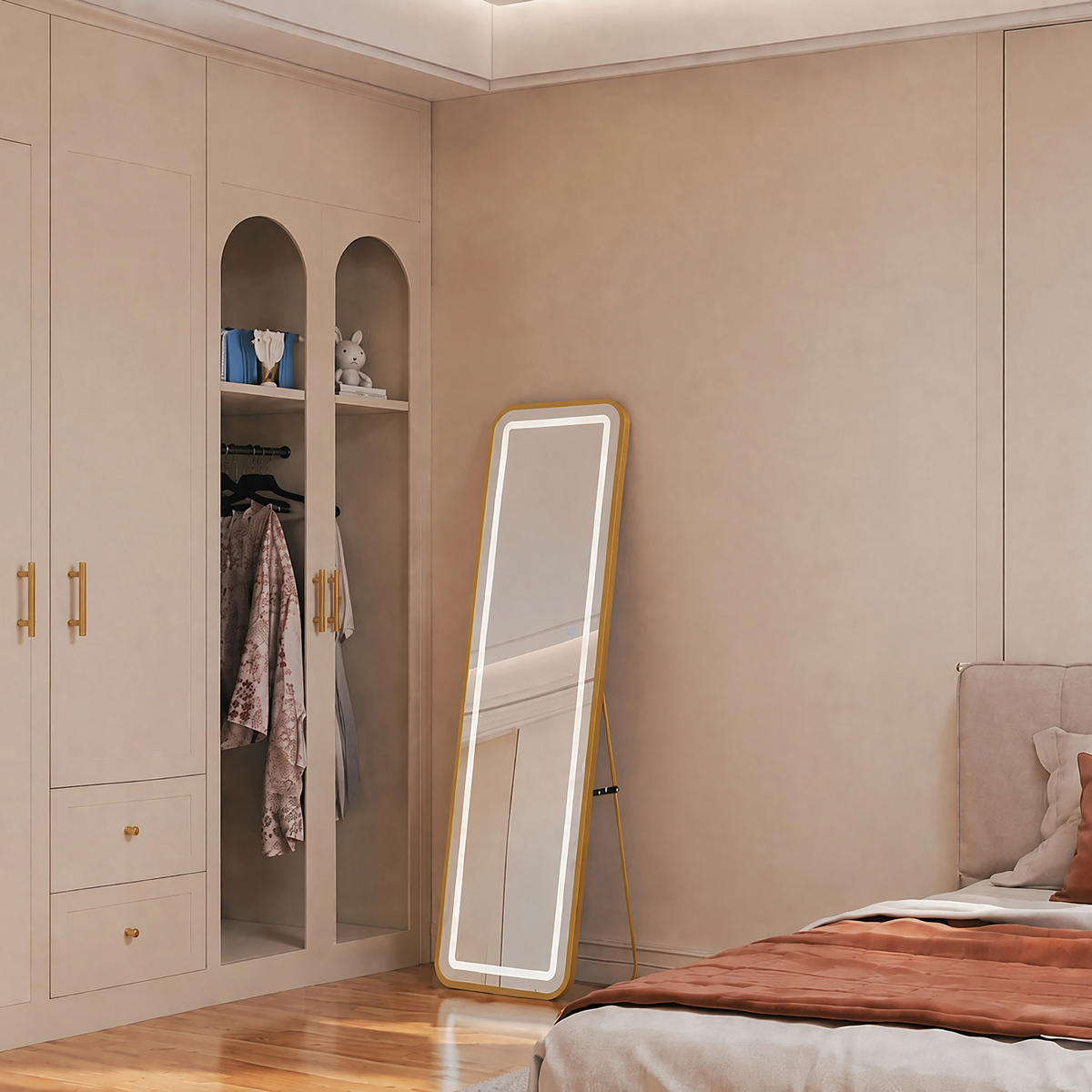 WANDSPIEGEL LED 150 x 40 cm aus Sicherheitsglas, abgerundete rechteckige Form, gold - Goldfarben, Metall (40/150/3cm)