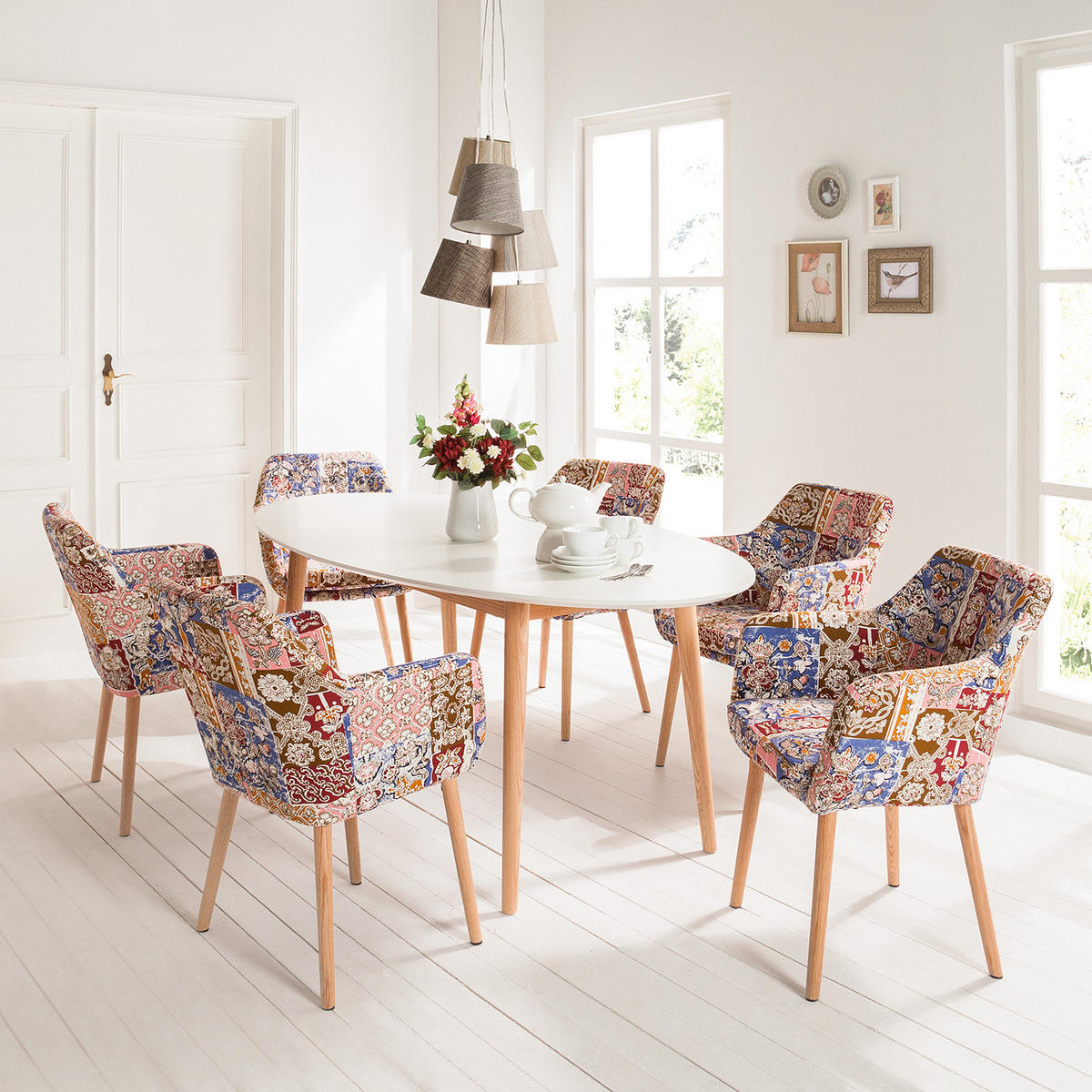 ARMLEHNENSTUHL - Gemustert - Webstoff / Eiche massiv - Multicolor, Textil (58/84/60cm) - home24