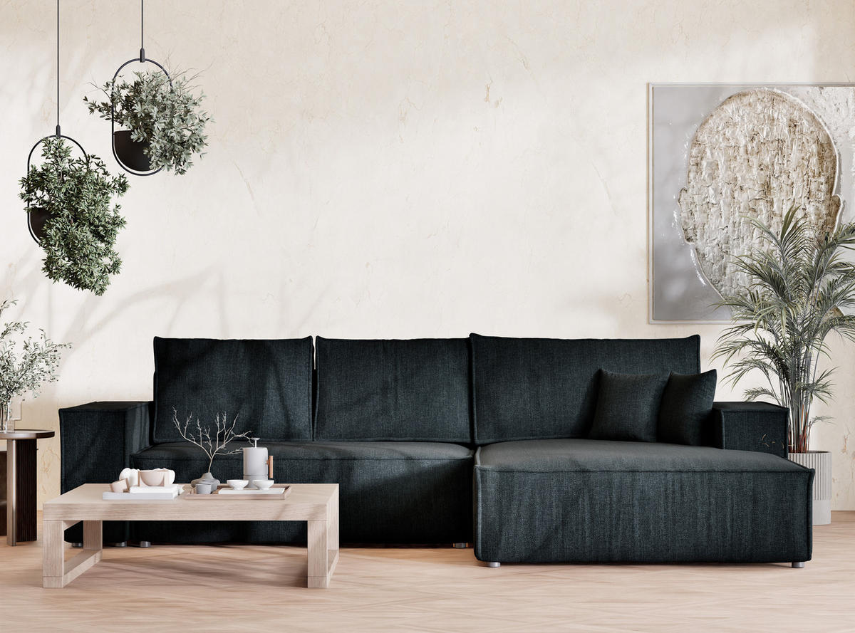 ECKSOFA Maze Türkis Webstoff - Rechts Seite - Türkis/Schwarz, Holz/Holzwerkstoff (294/185cm) - Maison de Reve