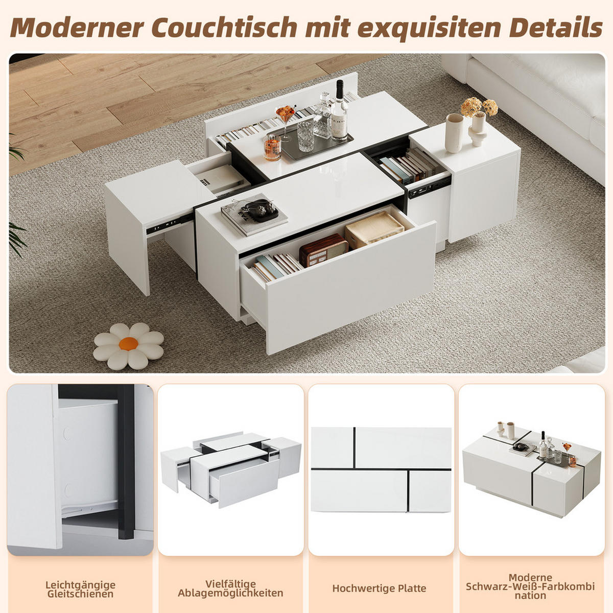 COUCHTISCH 100x60cm Weiß Quadratisch Patchwork 4 Schubladen Höchstlast 30kg - Weiß, Holz (79.6/39.57/20.6cm) - FLIEKS