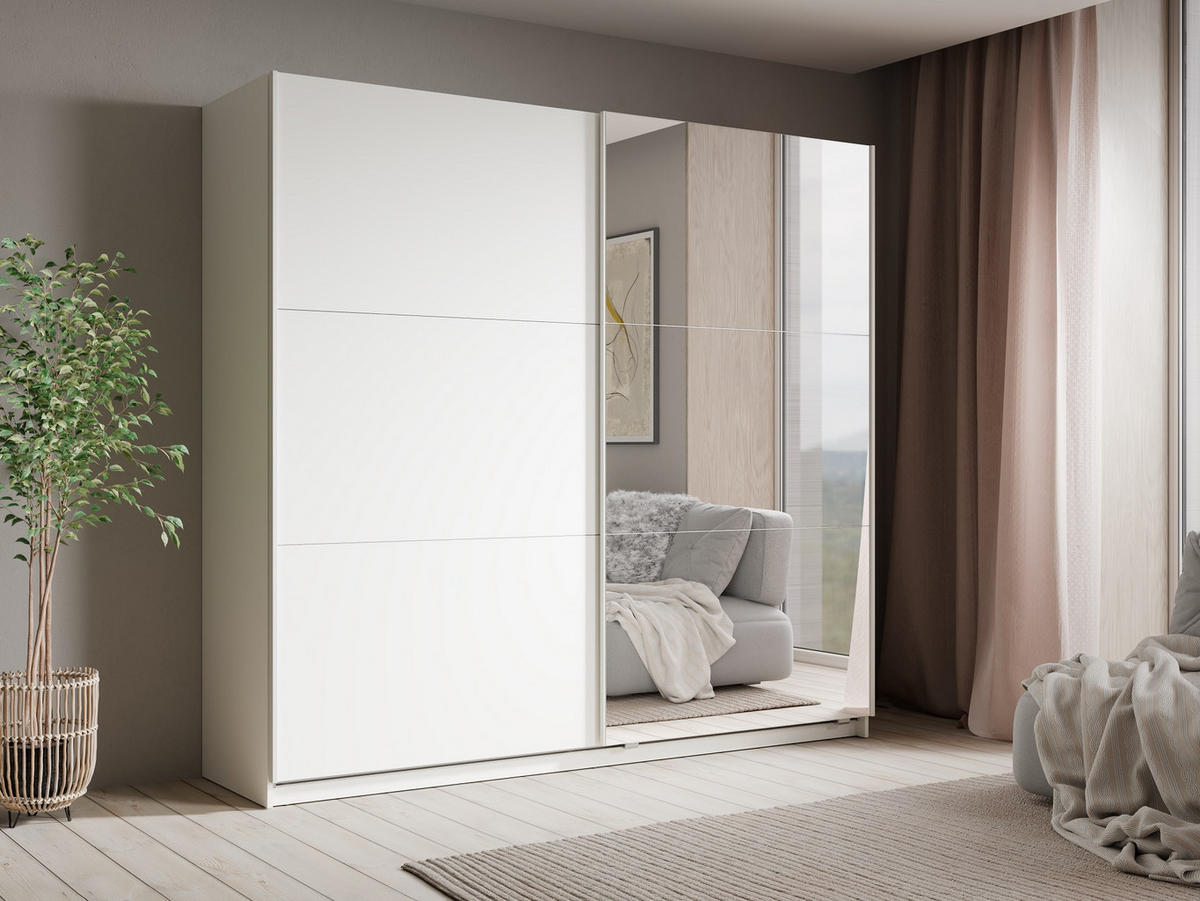 SCHIEBETÜRENSCHRANK LIVORA 12 - 221×207×60 cm mit Beleuchtung 2 Türen, mit Spiegel Weiß - Klar/Weiß, Holz/Holzwerkstoff (221/207/60cm) - Milaros Markt