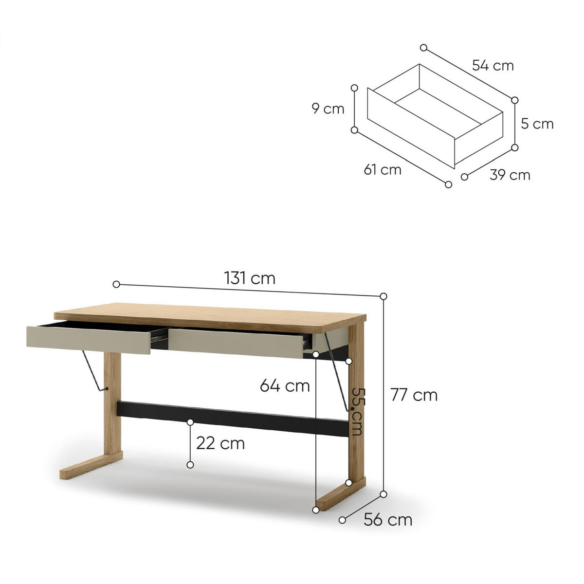 SCHREIBTISCH Ollie Eichenholzoptik /Greige 131 cm - Kaschmir/Eichefarben, Holzwerkstoff (56/131/77cm) - Selsey