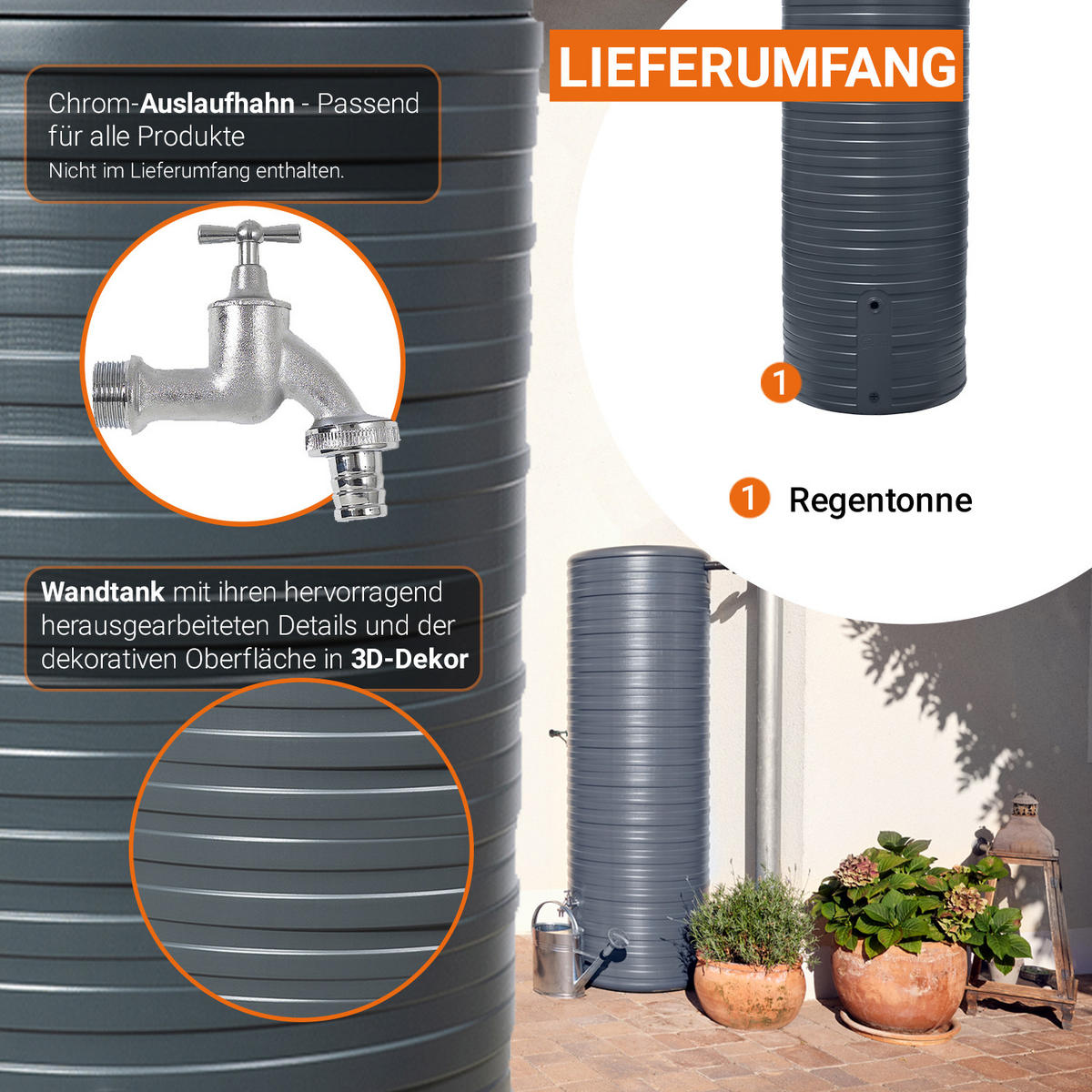 REGENTONNE 500 L, graphite grey - Grau, Kunststoff (61/185/65cm) - GARANTIA
