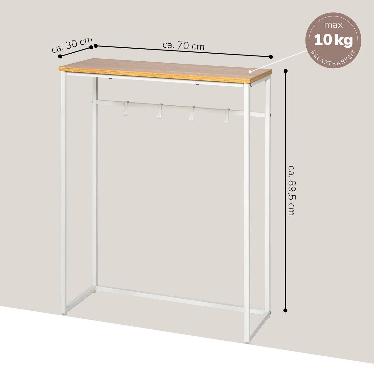 KONSOLENTISCH mit Holzablage, weiß - Weiß, Metall (30/70/89.5cm) - eluno
