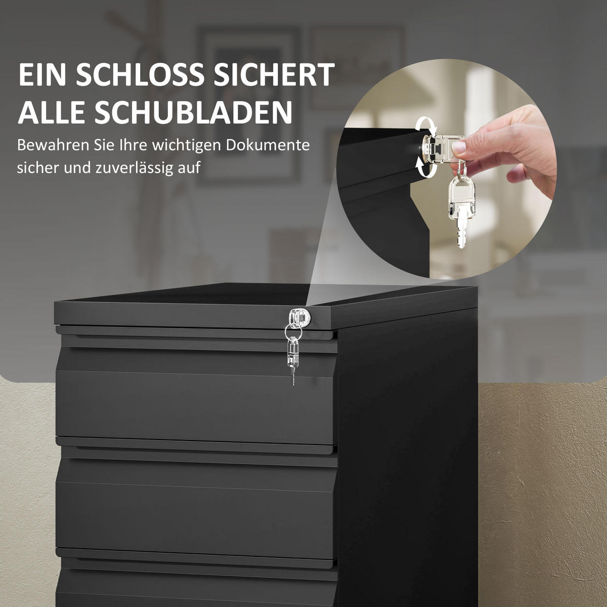 ROLLCONTAINER mit 3 Schubladen mobiler Aktenschrank mit Rollen abschließbar - Schwarz, Metall (30/60/43.5cm) - Vinsetto