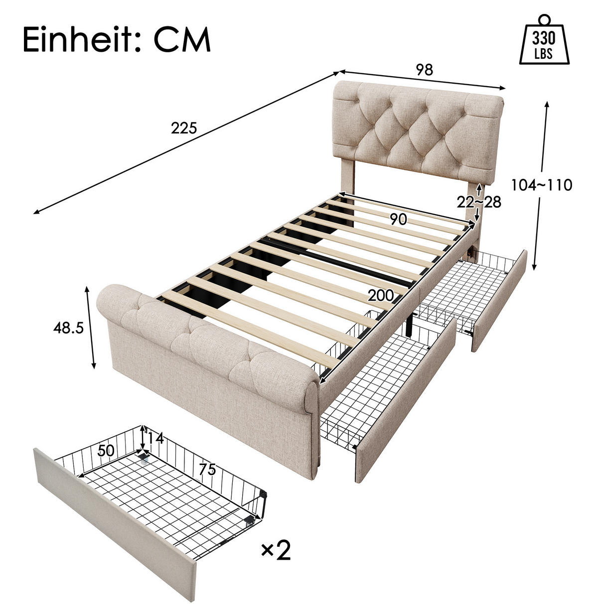 POLSTERBETT 90/200 cm Natur aus Metall und Holz mit 2 Schubladen - Naturfarben, Metall (90/200cm) - OKMYHOME