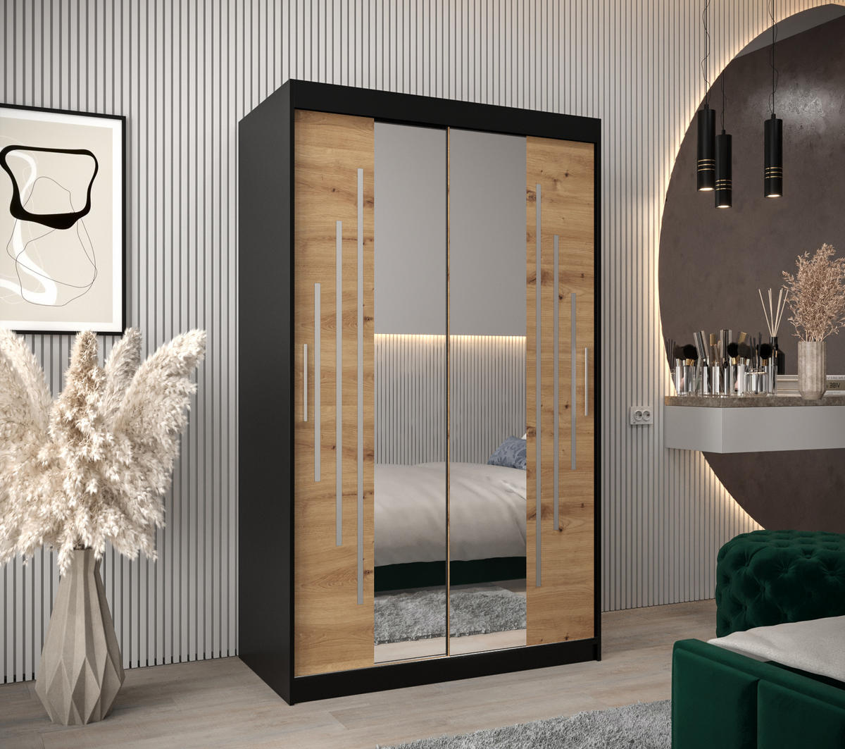 SCHWEBETÜRENSCHRANK 200/120/62 2-türig - Silberfarben/Schwarz, Holz/Kunststoff (120/200/62cm) - Abiks Möbel