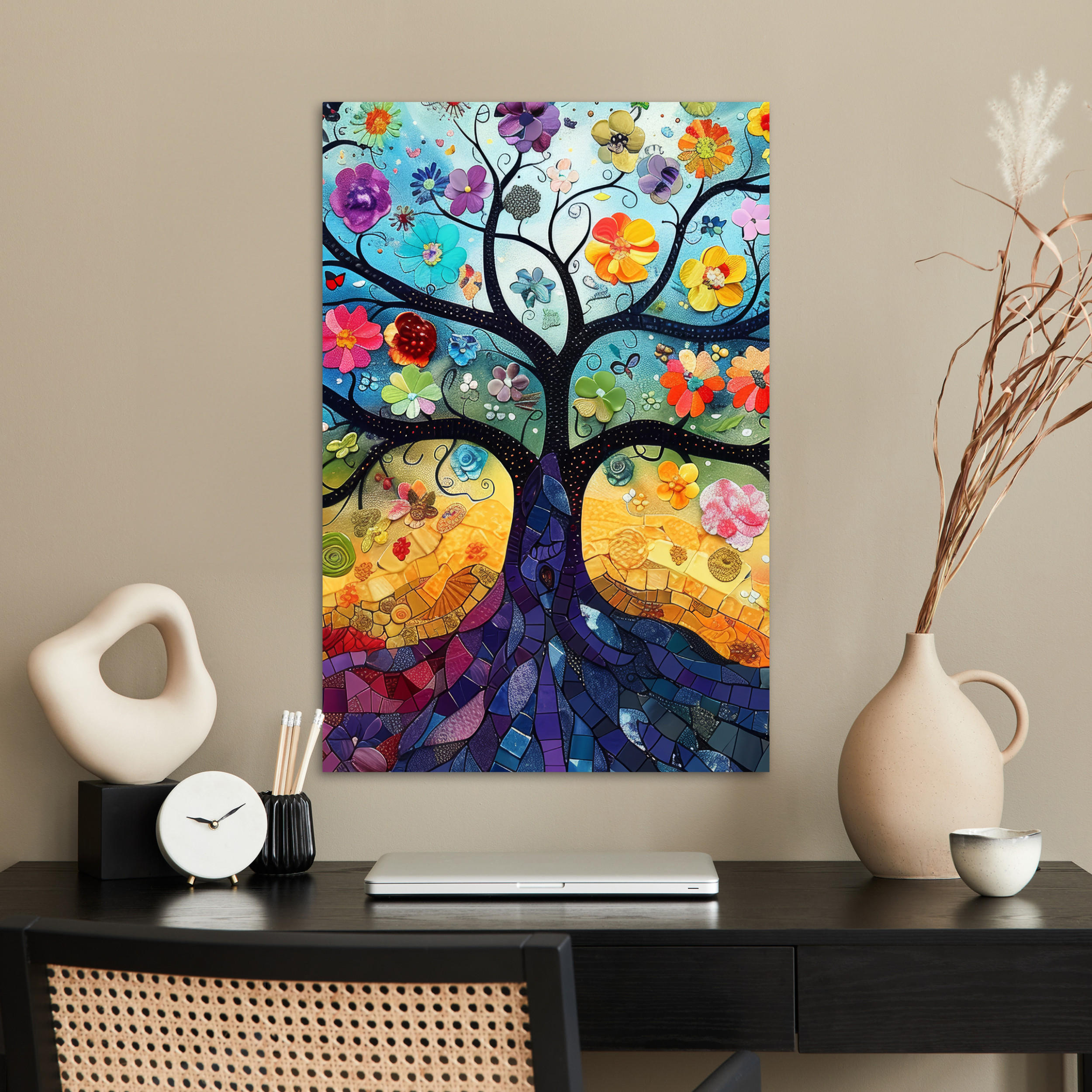 POSTER Kunst - Baum des Lebens - Blumen - Hippie 40x60 cm - Dunkelblau, Papier (40/60/0.1cm) - MuchoWow