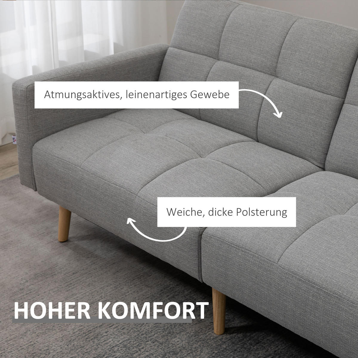 SCHLAFSOFA mit Bettfunktion Grau 205/88/80 cm - Naturfarben/Grau, Holz/Textil (88/80/205cm) - HOMCOM