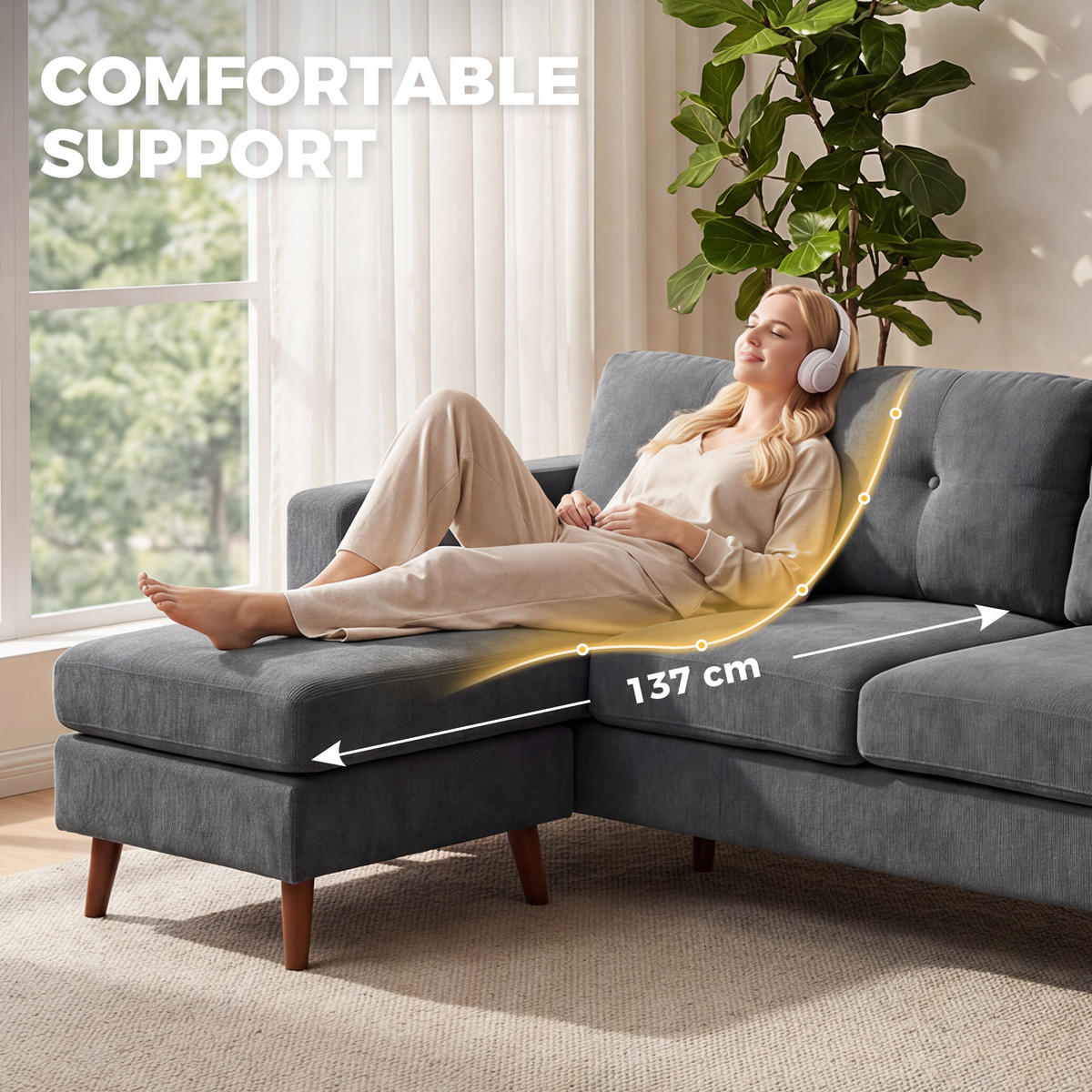 ECKSOFA DE-06613 3-Sitzer Sofa mit umkehrbarer Chaiselongue, Dunkelgrau - Dunkelgrau, Holz/Textil (137/192cm) - ComfortXL