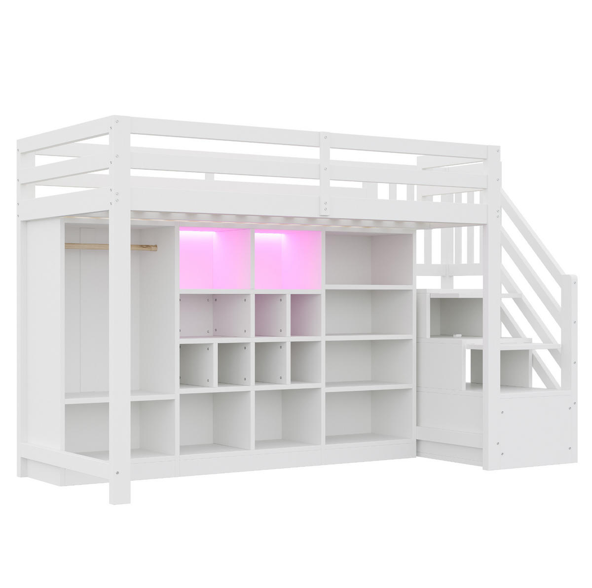 HOCHBETT 90/200 cm aus Holz mit Stauraum, Kleiderschrank und LED-Beleuchtung Weiß - Weiß, Holz (90/200cm) - Modenvie