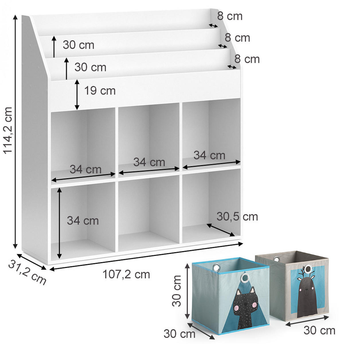 KINDERREGAL Luigi Weiß 107.2 x 114.2 cm mit 6 Faltboxen opt.2 - Weiß, Holzwerkstoff (107.2/114.2/31.2cm) - Vicco