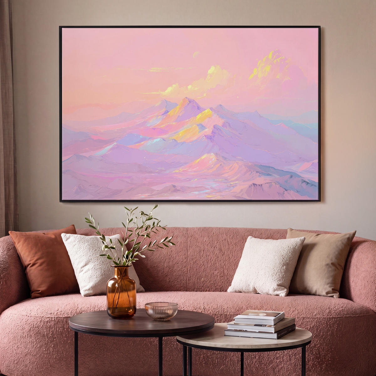 LEINWAND Bilder mit Rahmen - Berggipfel - Wolken - Verträumt - 150x100 - Hellrosa, Textil (150/100cm) - MuchoWow
