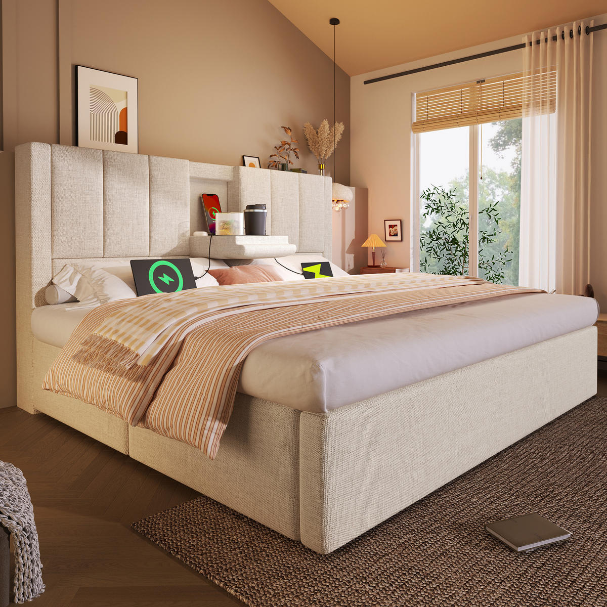 POLSTERBETT mit Stauraum und Ladestation 140x200 cm Leinen Beige inkl. Matratze - Beige, Metall (140/200cm) - Beauniv
