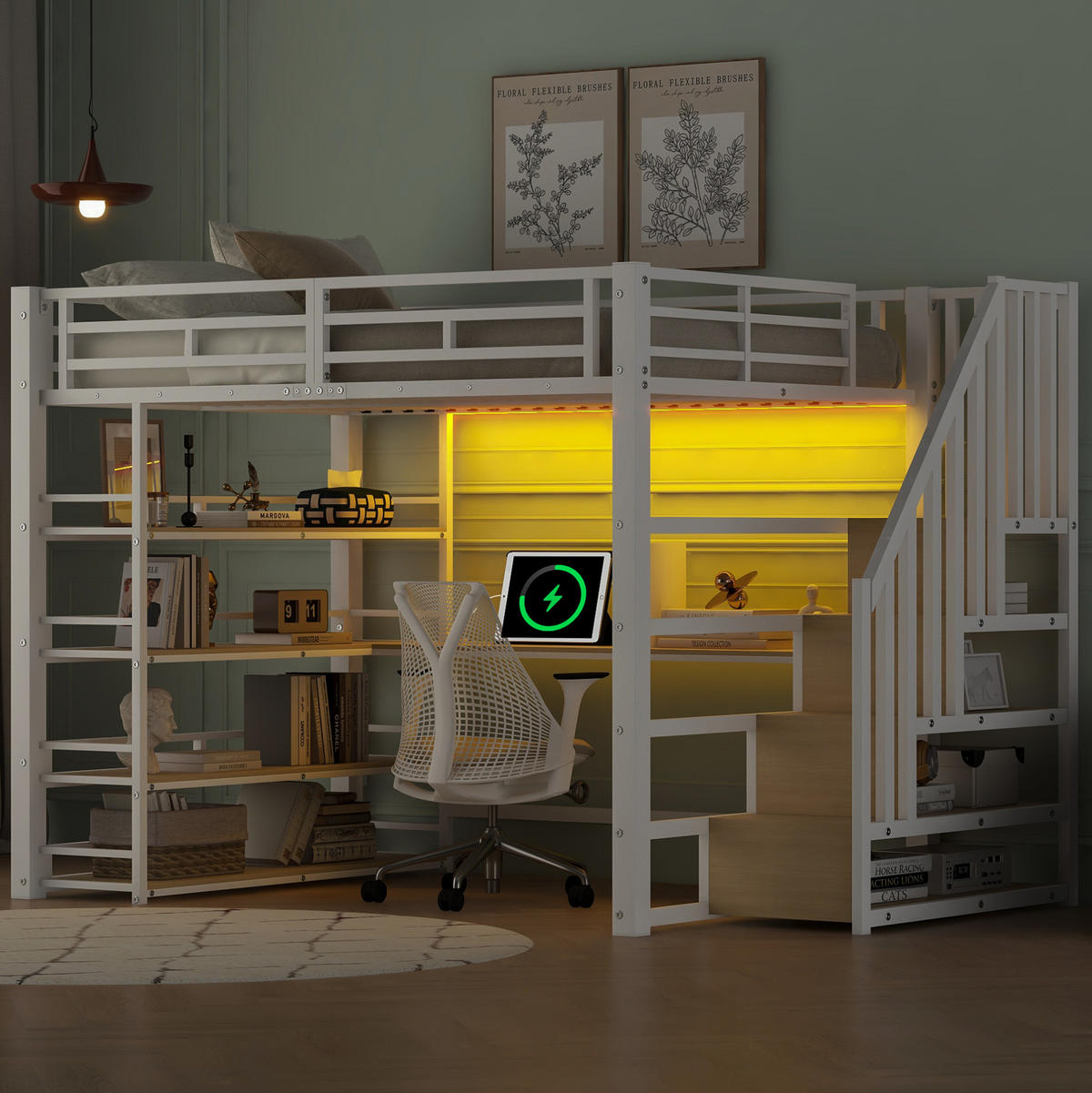 HOCHBETT 140/200 cm aus Metall mit Schreibtisch, Stauraumtreppe, Regal, LED und USB-Ladestation, Weiß - Weiß, Holzwerkstoff (140/200cm) - Redom