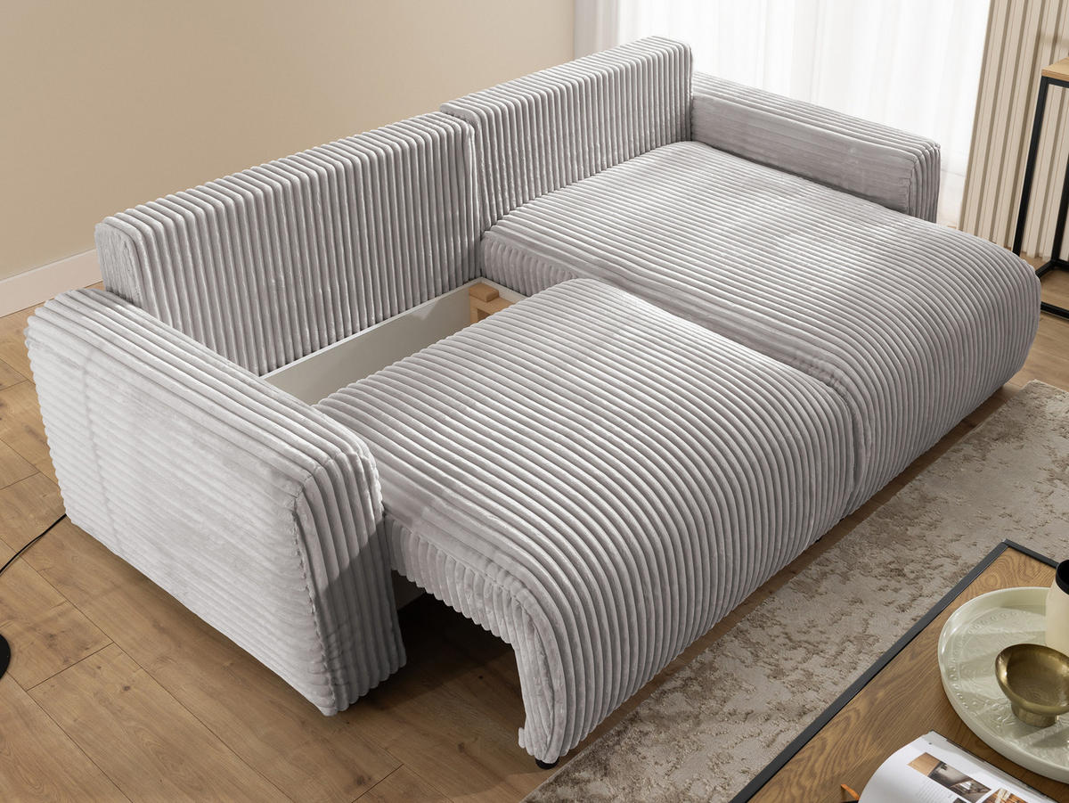 ECKSOFA Calma mit Schlaffunktion und Bettkasten im Bumpy-Design aus weichem Hellgrau Plüschcord - Ottomane rechts - Hellgrau/Schwarz, Holz/Kunststoff (140/239cm) - S-Style