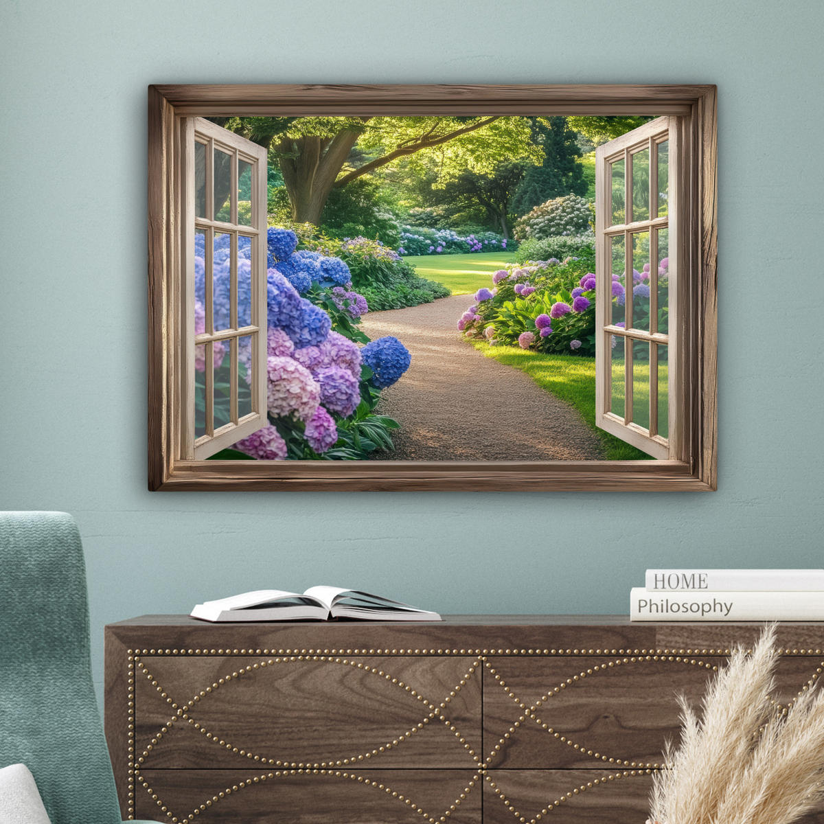 LEINWANDBILD Aussicht - Garten - Fenster - Hortensie - Blumen Wandbilder 80x60 cm - Pastellblau, Textil (80/60cm) - MuchoWow