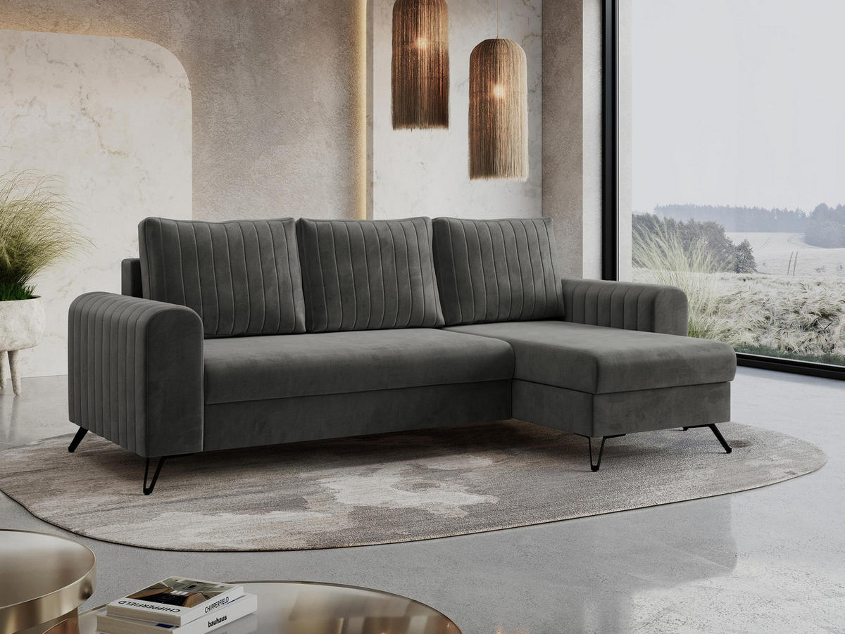 ECKSOFA Axel Velvet Grau - Schwarz/Grau, Textil/Metall (242/140cm) - MKS