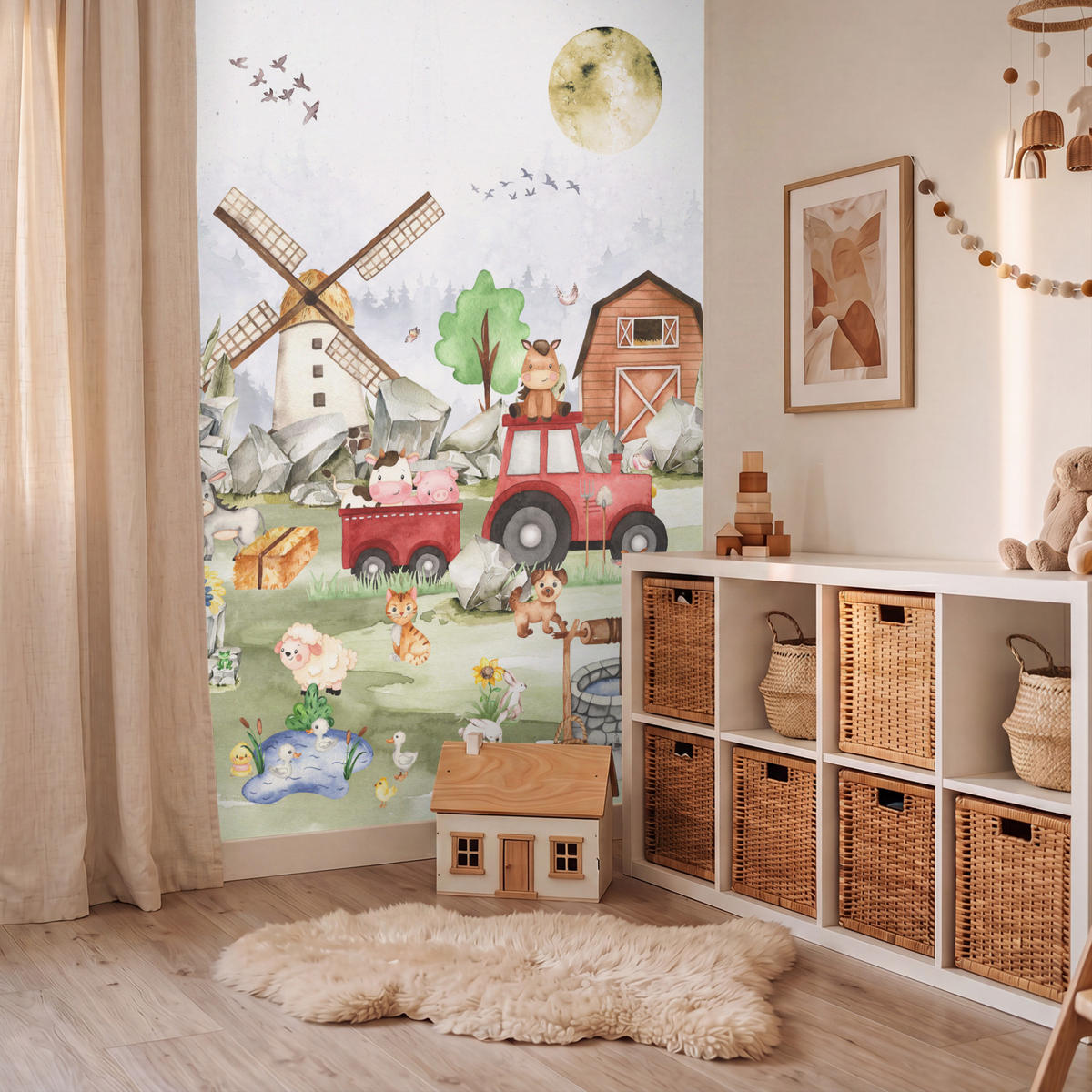 KINDERTAPETE - Bauernhof - Traktor - Kinder - Tiere - 160x220 cm - Weiß, Papier (160/220cm) - OnlyWow