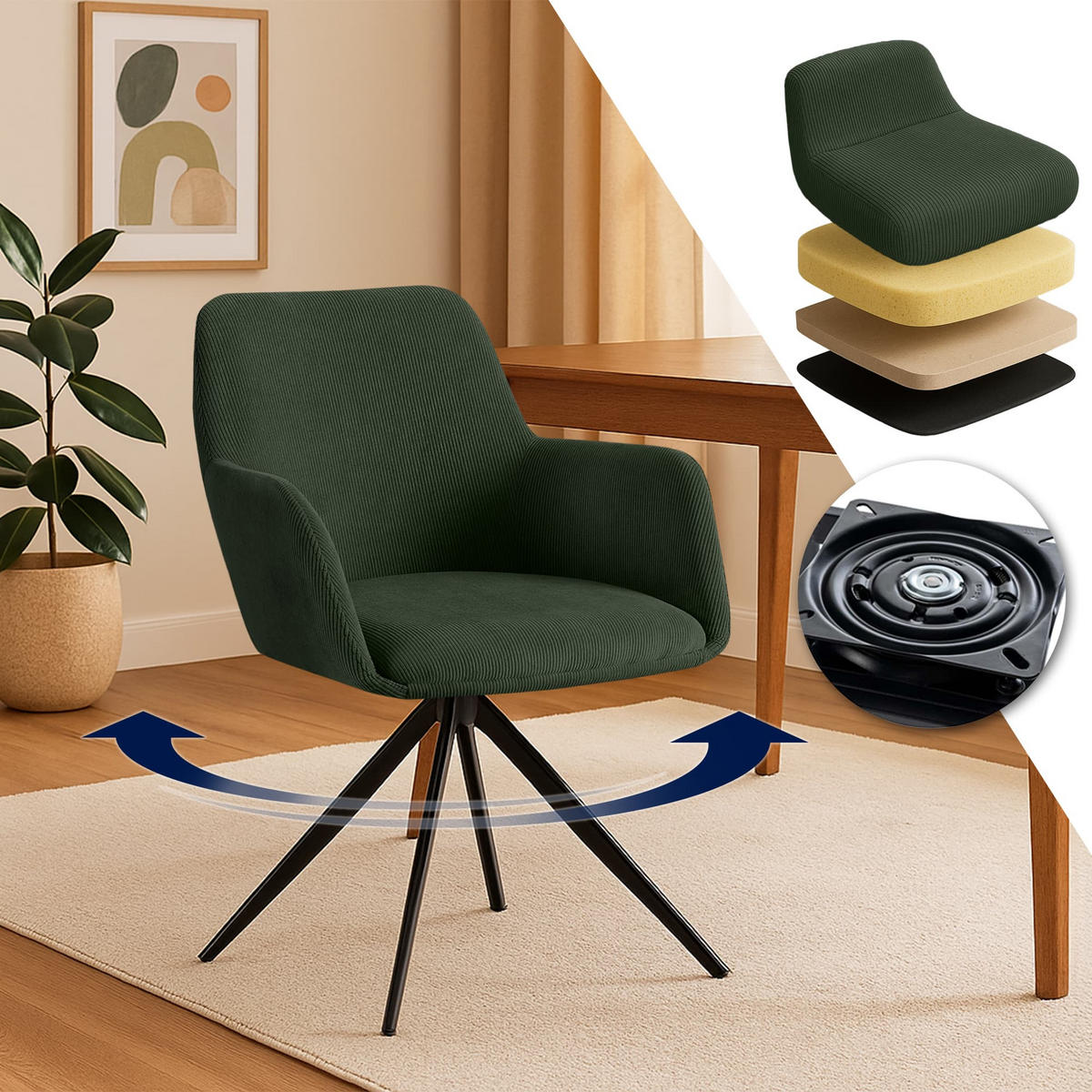ESSZIMMERSTUHL Cord Grün - Schwarz/Grün, Textil/Metall (56/81/62cm) - CLP