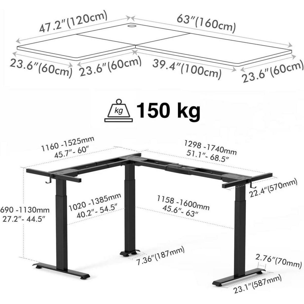 STEHSCHREIBTISCH L-Form Höhenverstellbar Elektrisch 160 x 120 cm Weiß - Weiß, Metall (160/120/75cm)