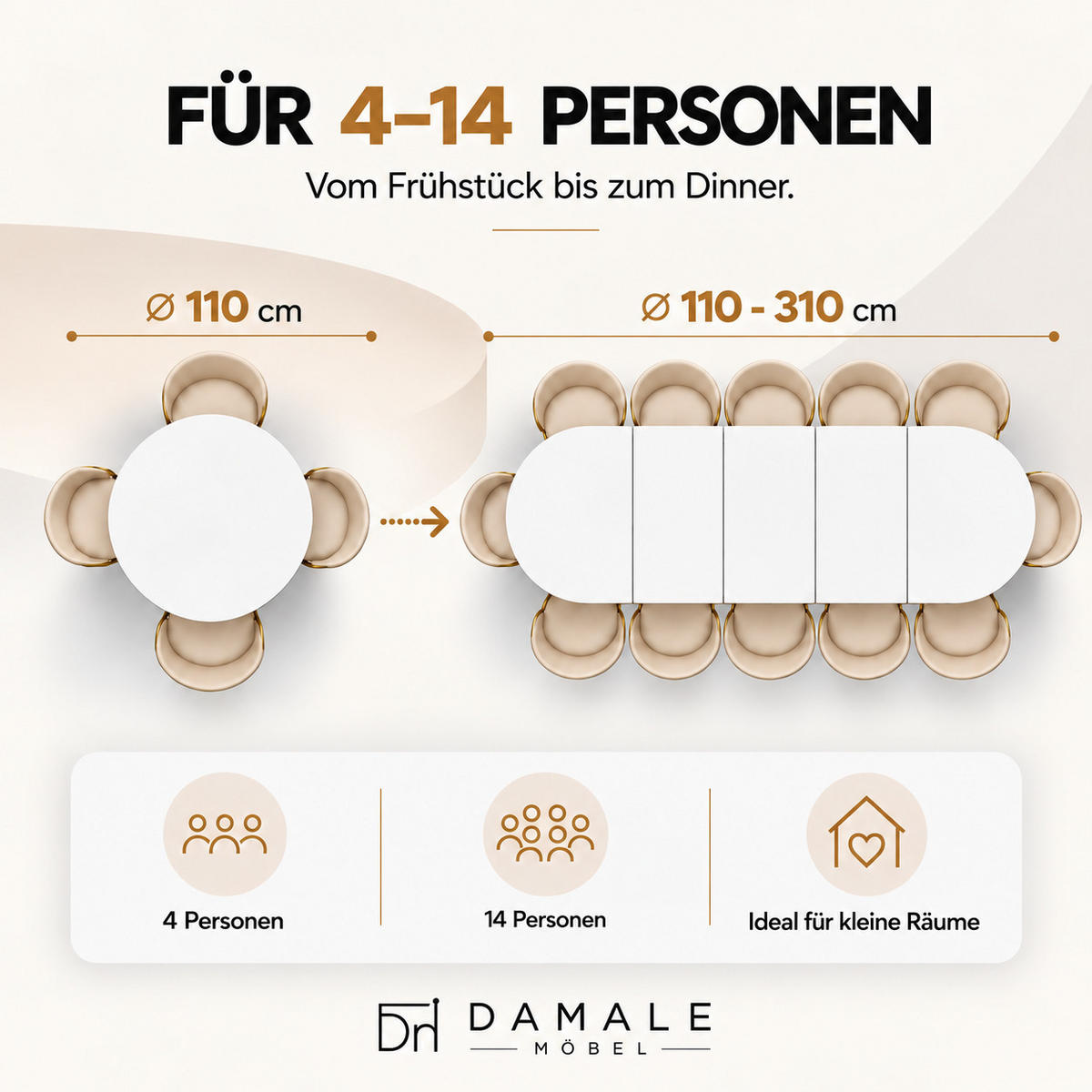 ESSTISCH rund ausziehbar 110-310/110/76 cm, Weiß, 54 cm Tischplatte + X Metallbeine Weiß - Weiß, Holzwerkstoff/Metall (110/110/76cm) - Damale Möbel