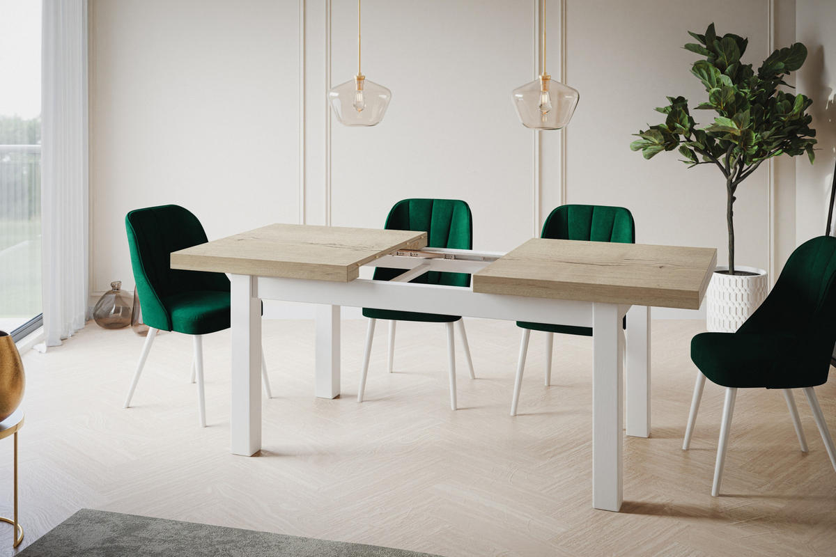 ESSZIMMERTISCH CLASSIC, ausziehbarer Tisch 160-210X90X78 cm, Farbe: HALIFAX, mit Holzbeinen in Farbe Weiß - Weiß/Naturfarben, Holzwerkstoff (160/90/78cm) - Alpi-Möbel