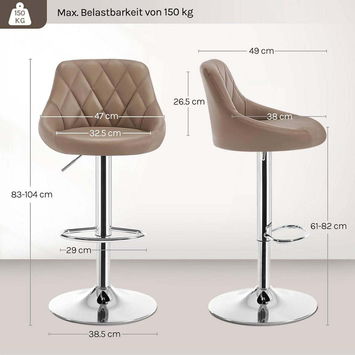 BARHOCKER 2er Set, Kunstleder,Höhenverstellbar, 360° Drehbar - Hellbraun, Metall (47/104/39cm) - Woltu