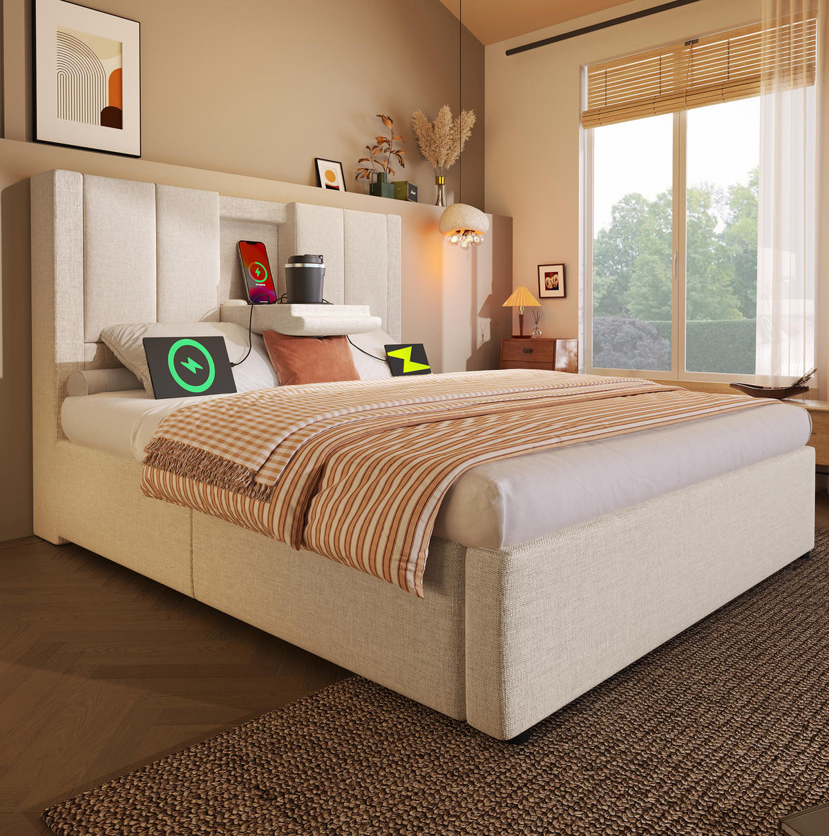 POLSTERBETT 90/200 cm mit Ladestation, verstecktem Becherhalter und hydraulischem Stauraum, Leinen Beige - Grau, Textil (90/200cm) - Redom