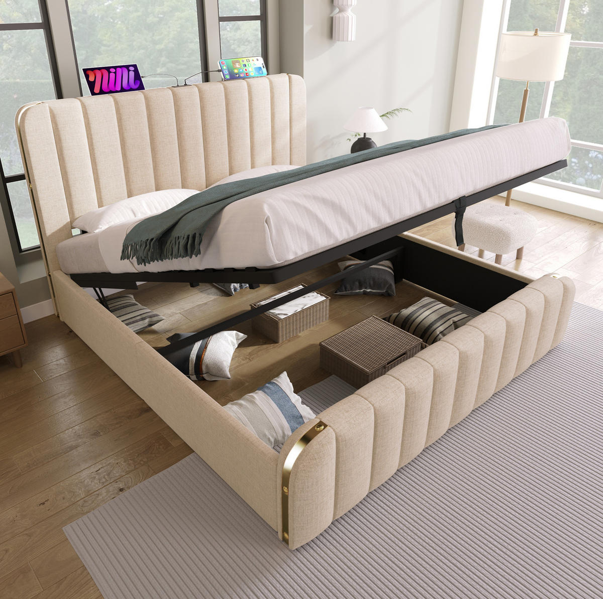 POLSTERBETT mit Stauraum, Matratze & USB 140x200 cm Leinen Beige - Beige, Metall (140/200cm) - Meubliv