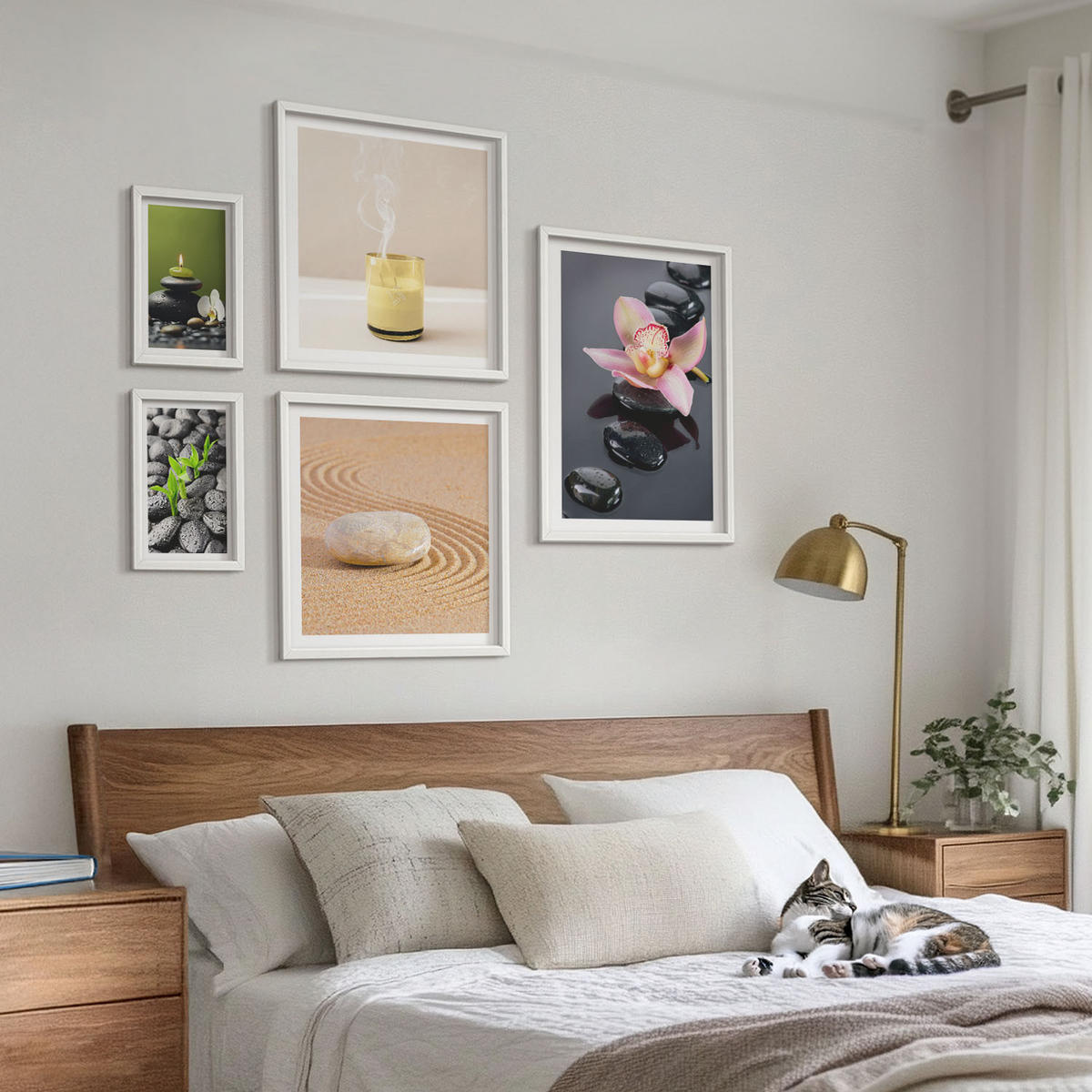BILDER SET 5er Set - 50x50 cm & 20x30 cm & 40x60 cm Weißer Rahmen - Der Frieden der Natur mit Buddha - Weiß, Kunststoff (40/60cm) - TULUP