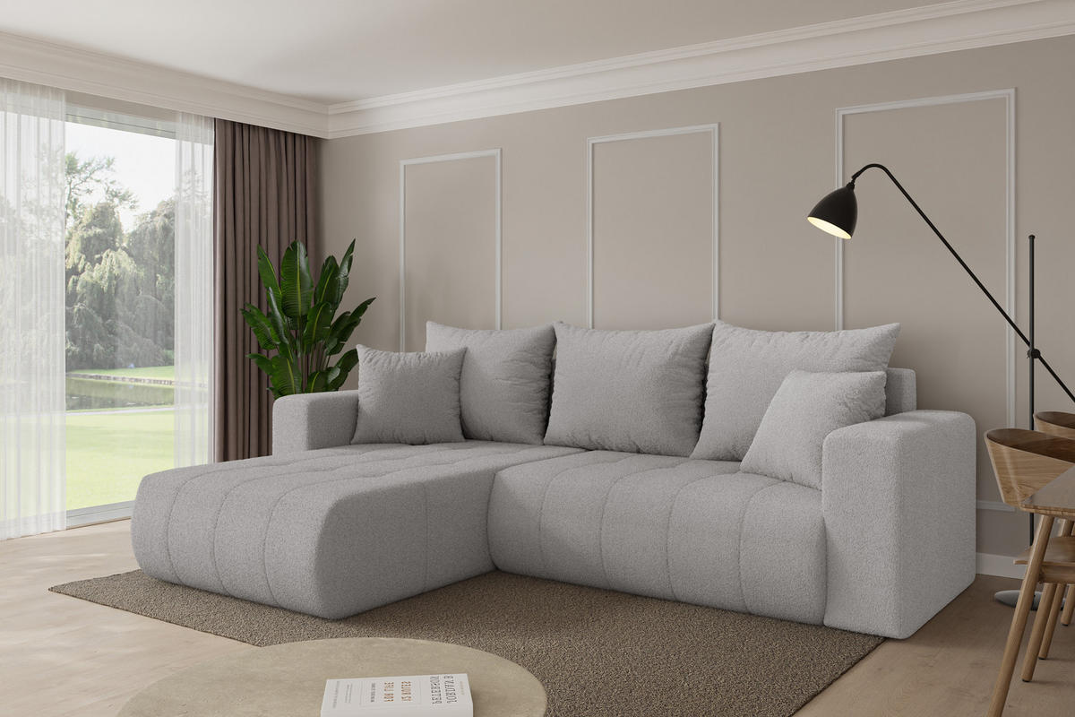 ROHOVÁ SEDAČKA s funkcí spaní, otoman vlevo MILA-L 277x194x86 světle šedá bouclé - černá/stříbrná, kompozitní dřevo/textil (277/194cm) - ALTDECOR