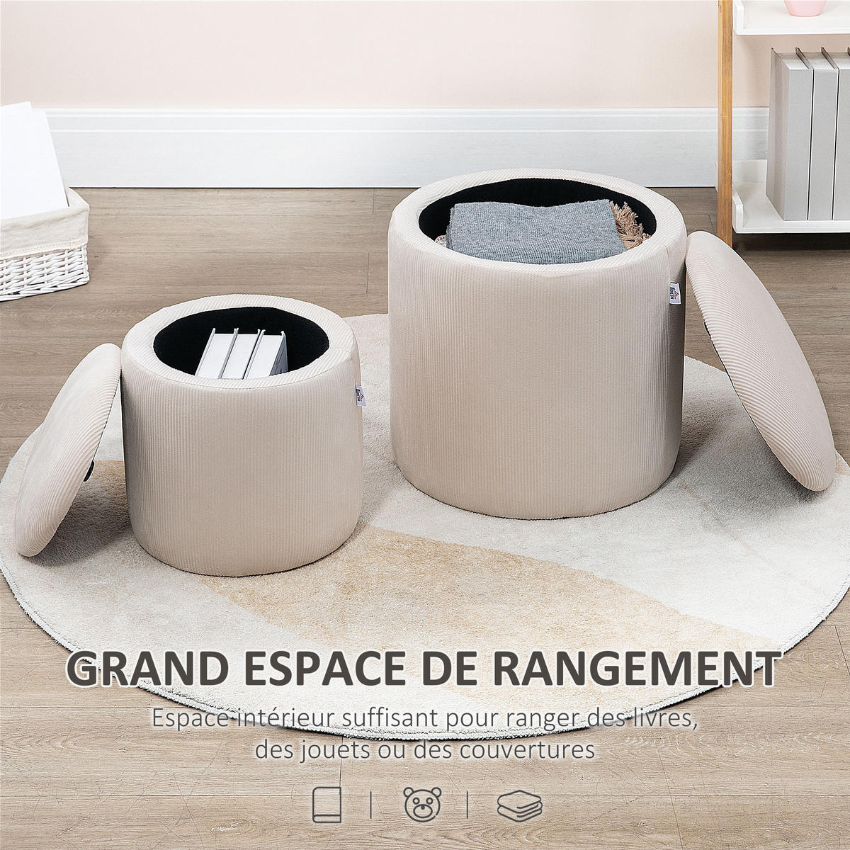 POUF 2er-Set DE-16377 mit Stauraum und Rippenvelours Creme - Creme, Textil (40/41/40cm) - ComfortXL