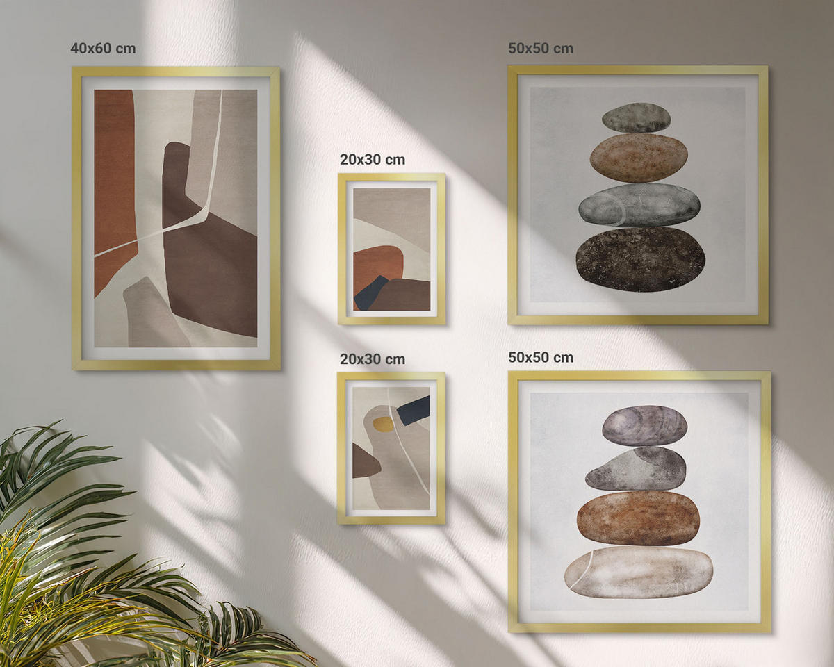 WANDBILDER 5er Set - 50x50 cm & 20x30 cm & 40x60 cm Goldrahmen - Abstrakte Boho-Formen - Goldfarben, Kunststoff (40/60cm) - ArtPrintCave