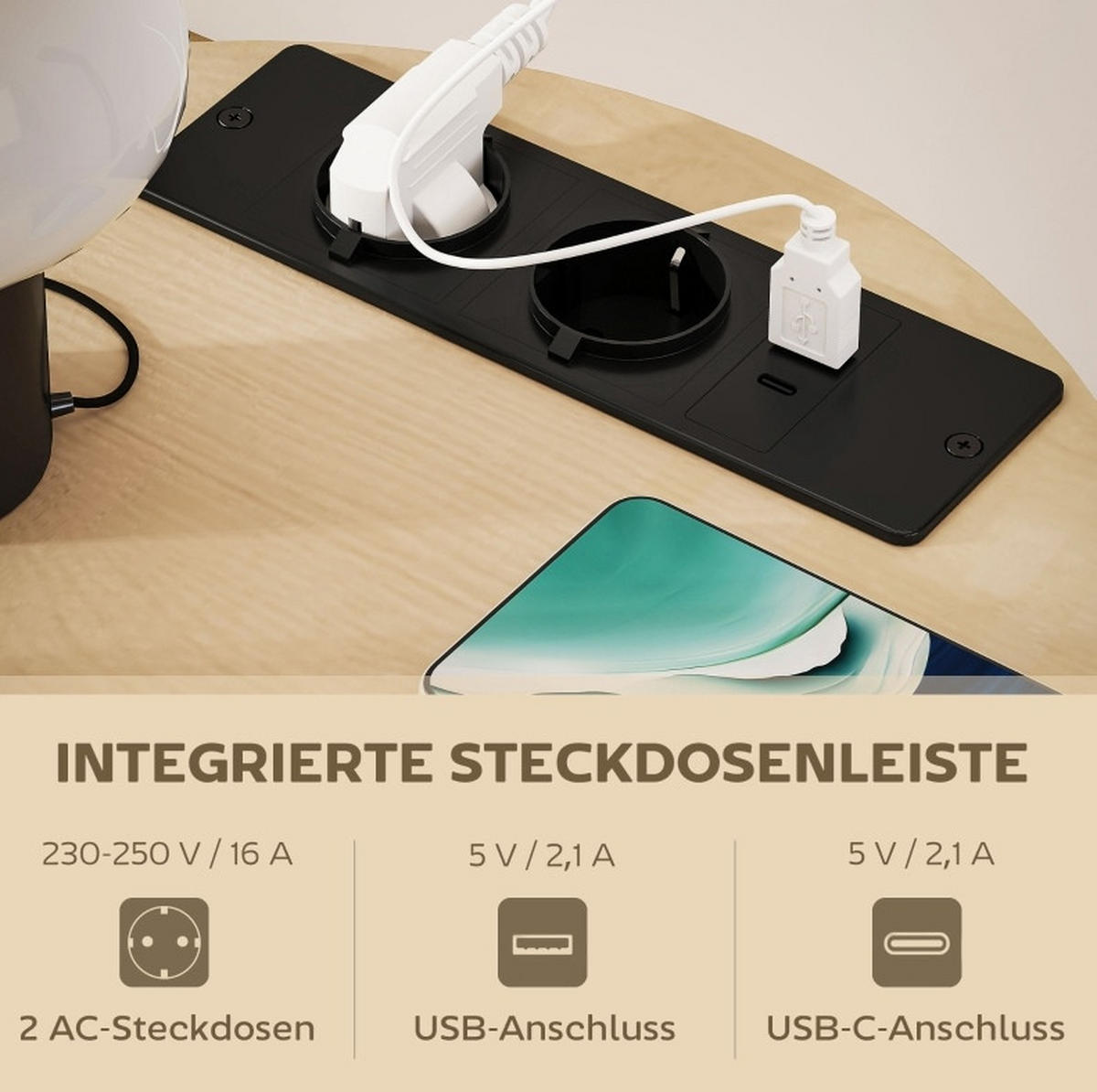 BEISTELLTISCH 50/50/55,1 cm mit Steckdosenleiste, 3 Ebenen und Stofftasche, Holz und Metall, Naturholz - Naturfarben, Holz (50/50/55.1cm) - Redom