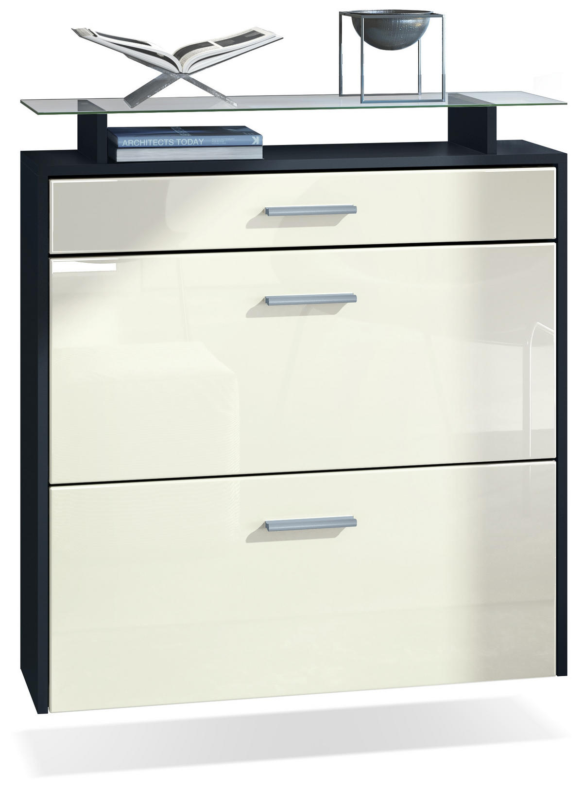 SCHUHSCHRANK Malea Front in Creme Hochglanz - Creme, Holzwerkstoff (89/96/23cm) - Vladon